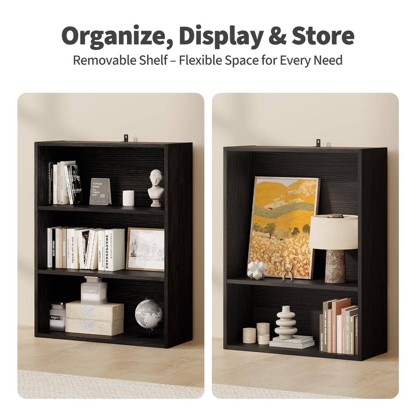 Sweetcrispy Industrial 3 Shelf Bookcase - Large 31.5 Inch Tall Floor Standing Open Bookshelf for Home Office, Living Room, and Bedroom Storage, Classic Black