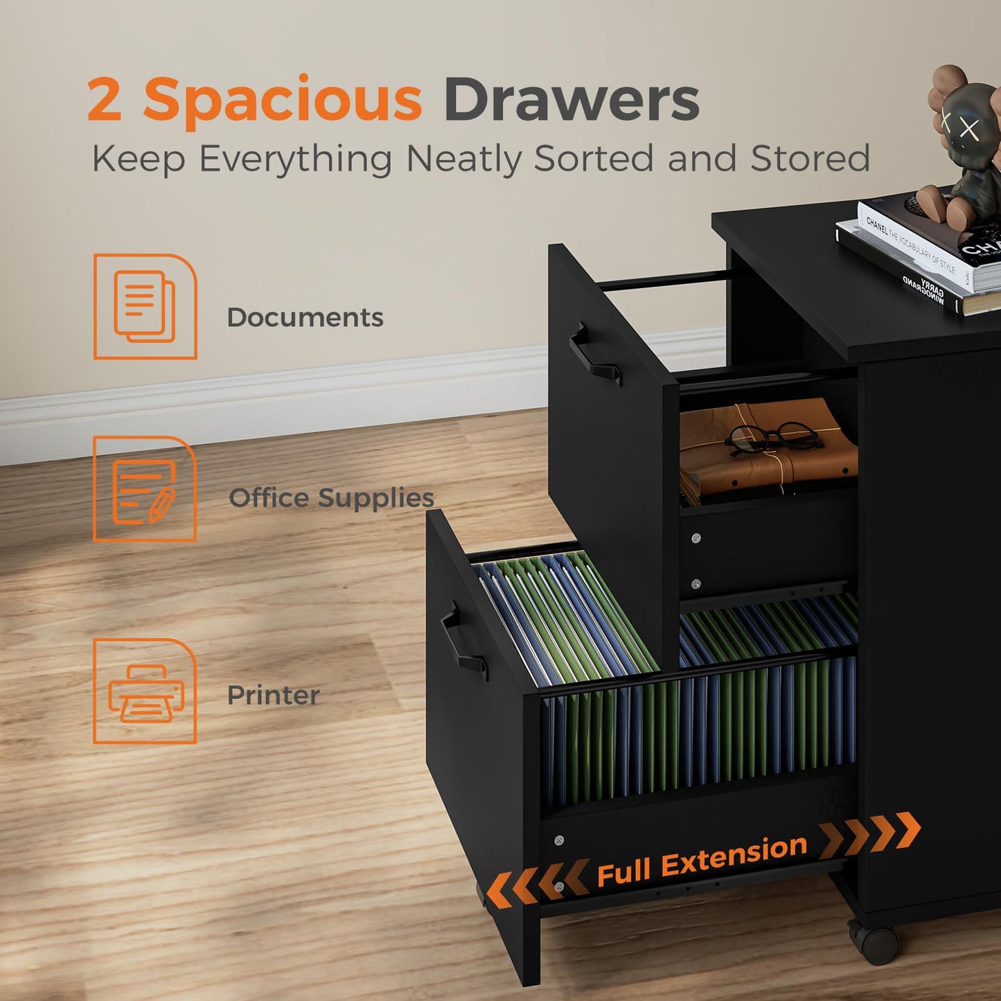 Sweetcrispy 2 Drawer Filing Cabinet Black, Rolling Wood File Cabinets, Home Office Organizer, Under Desk Storage Lockable Wheels, Printer Stand, Storage Cabinet, Black