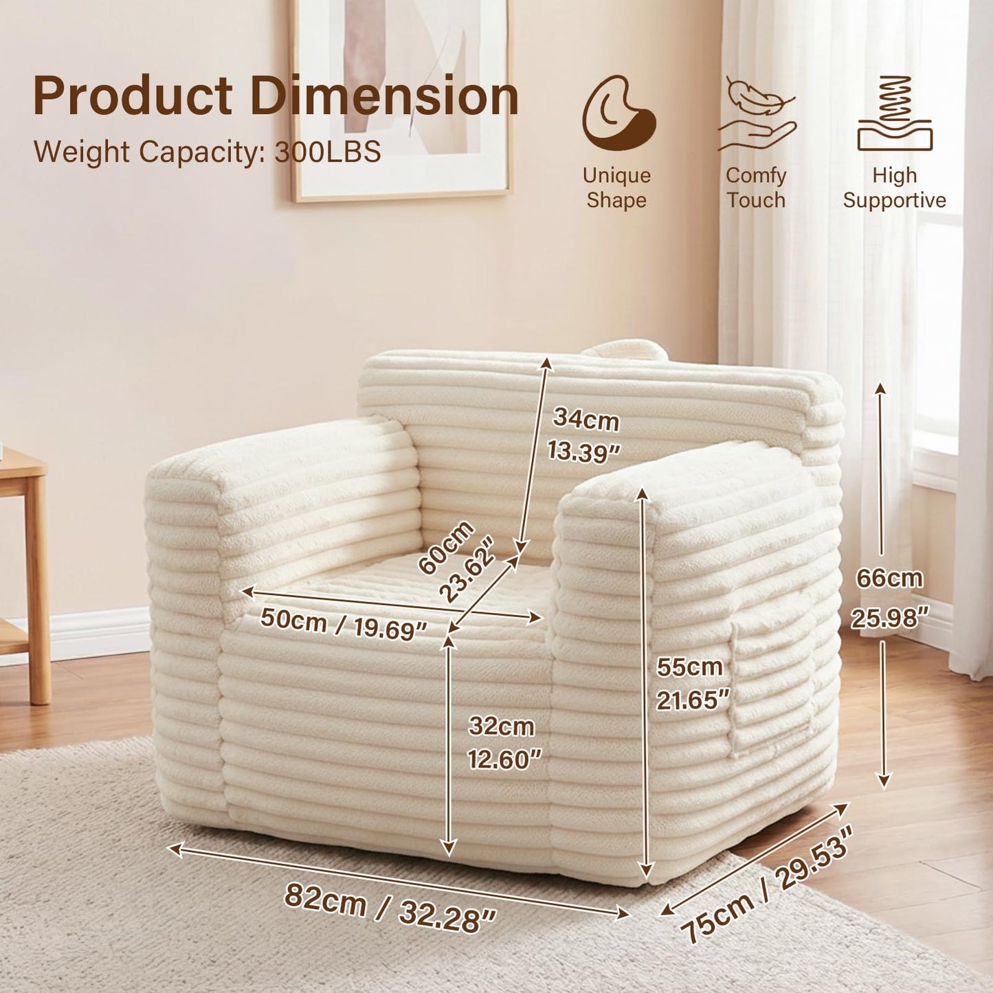 Tiita Bean Bag Chair for Adults, Foam Lounge Chair with Back Support and Armrests, Soft Corduroy Cover, Removable Washable Sofa Chair for Reading, Gaming, Living Room & Bedroom, Beige
