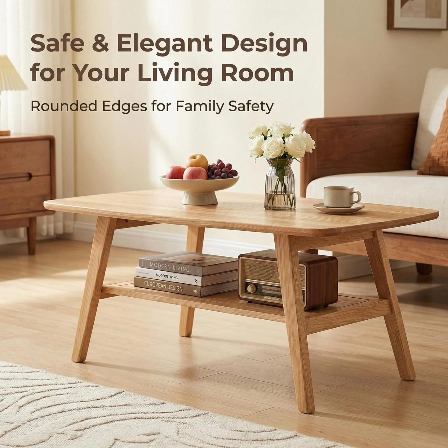 KEIKI 100% Solid Oak Wood Coffee Table, Mid Century Modern Coffee Table with Storage Shelf, 2-Tier, Smooth Corners, for Living Room, Office, Apartment, Wood
