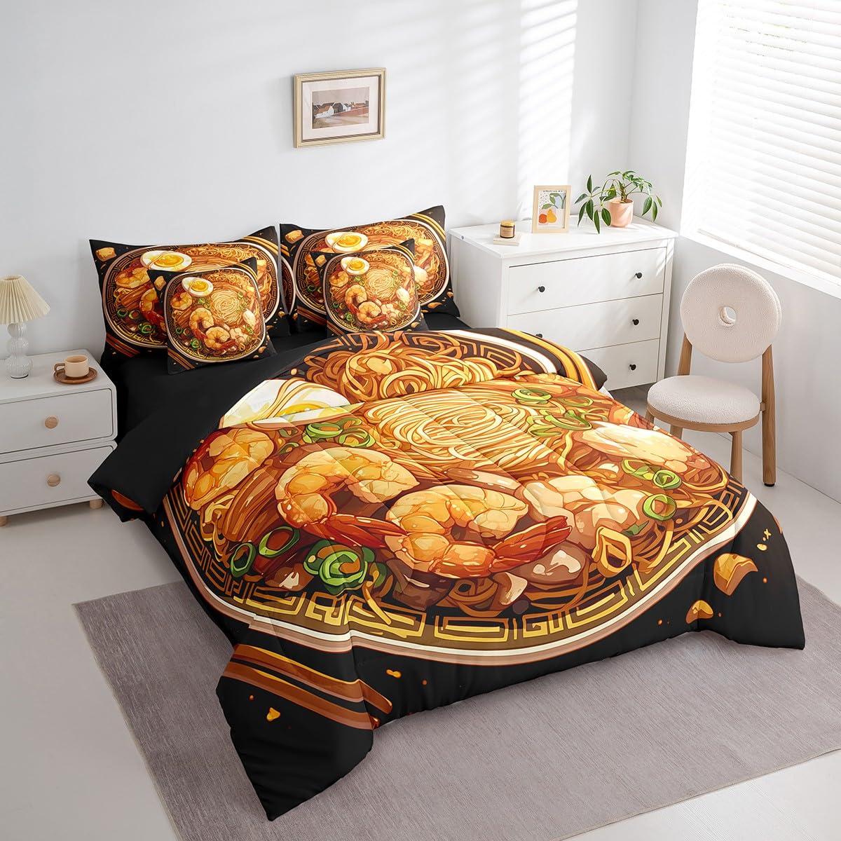 Erosebridal Ramen Noodle Queen Bedding Set 7 Piece,Japanese Ramen Bed Set Funny Gifts for Kids Teens Adults,Anime Style Comforter Set Food Themed Bed in a Bag with Fitted+Flat Sheet,Pillowcases