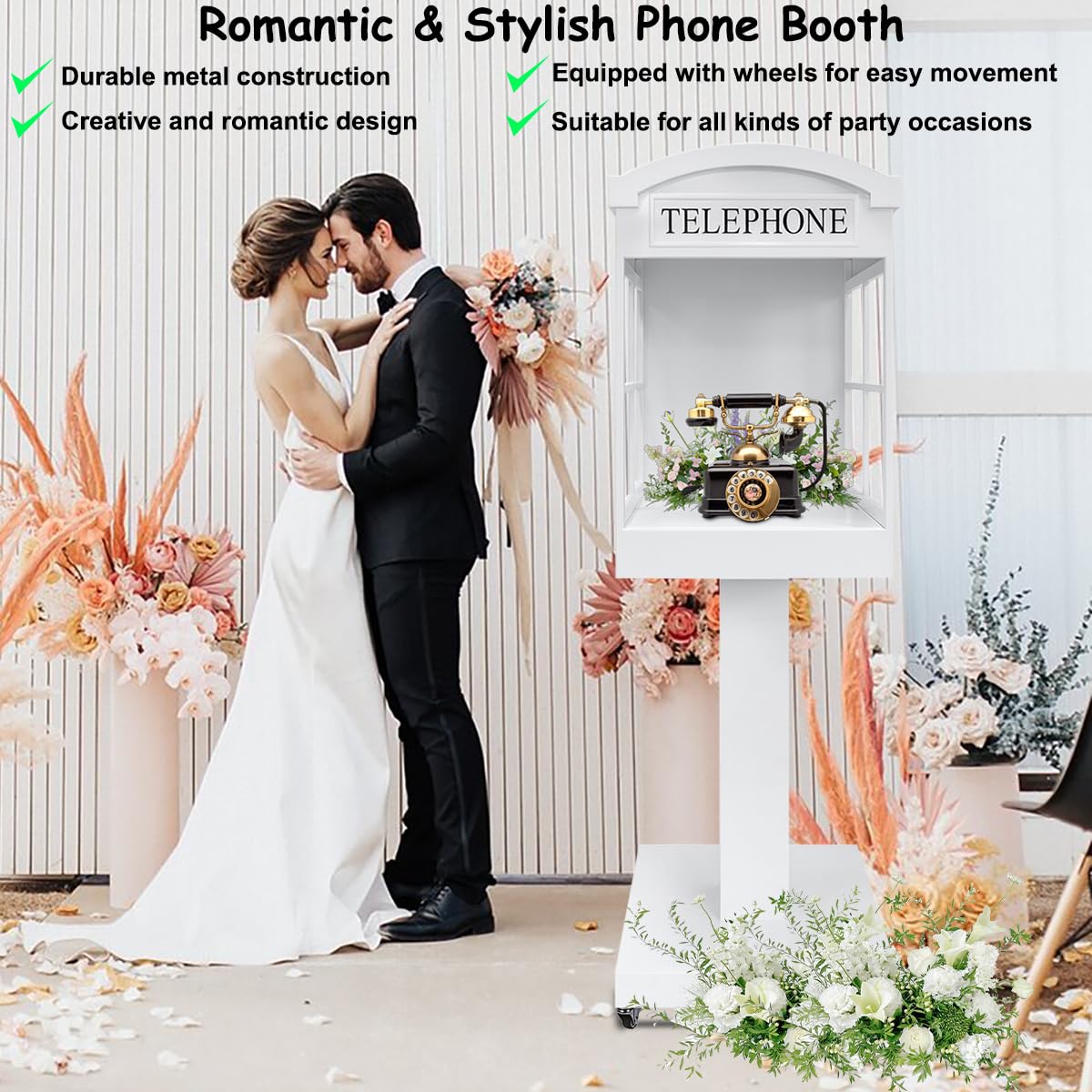 ROOMEDAL Audio Guest Book Phone Booth Stand with Wheels, Romantic Metal Audio Guestbook Telephone Booth for Wedding Birthdays Party Graduation Baby Shower Retirement Special Occasions Decoration
