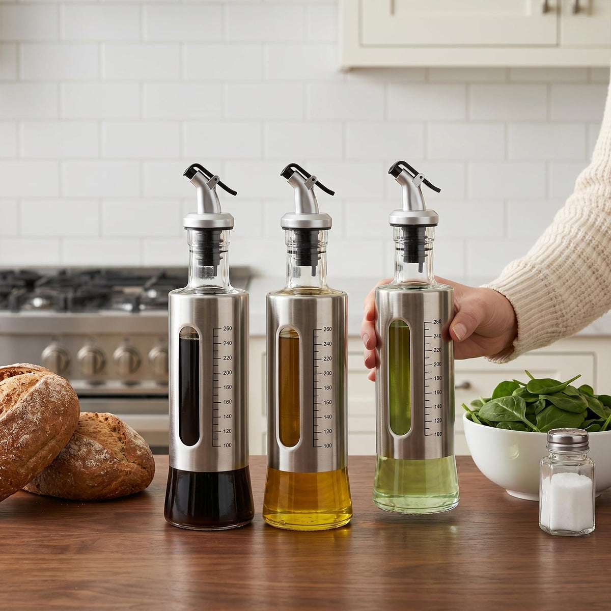 LIONTOTO Olive Oil Dispenser for Kitchen, 4 Pack 10oz/300 ML Cooking Oil and Vinegar Dispenser Set with 20 Labels Stainless Steel Funnel, Olive Oil Bottle, Soy Sauce Dispenser, Coffee Syrup Bottles