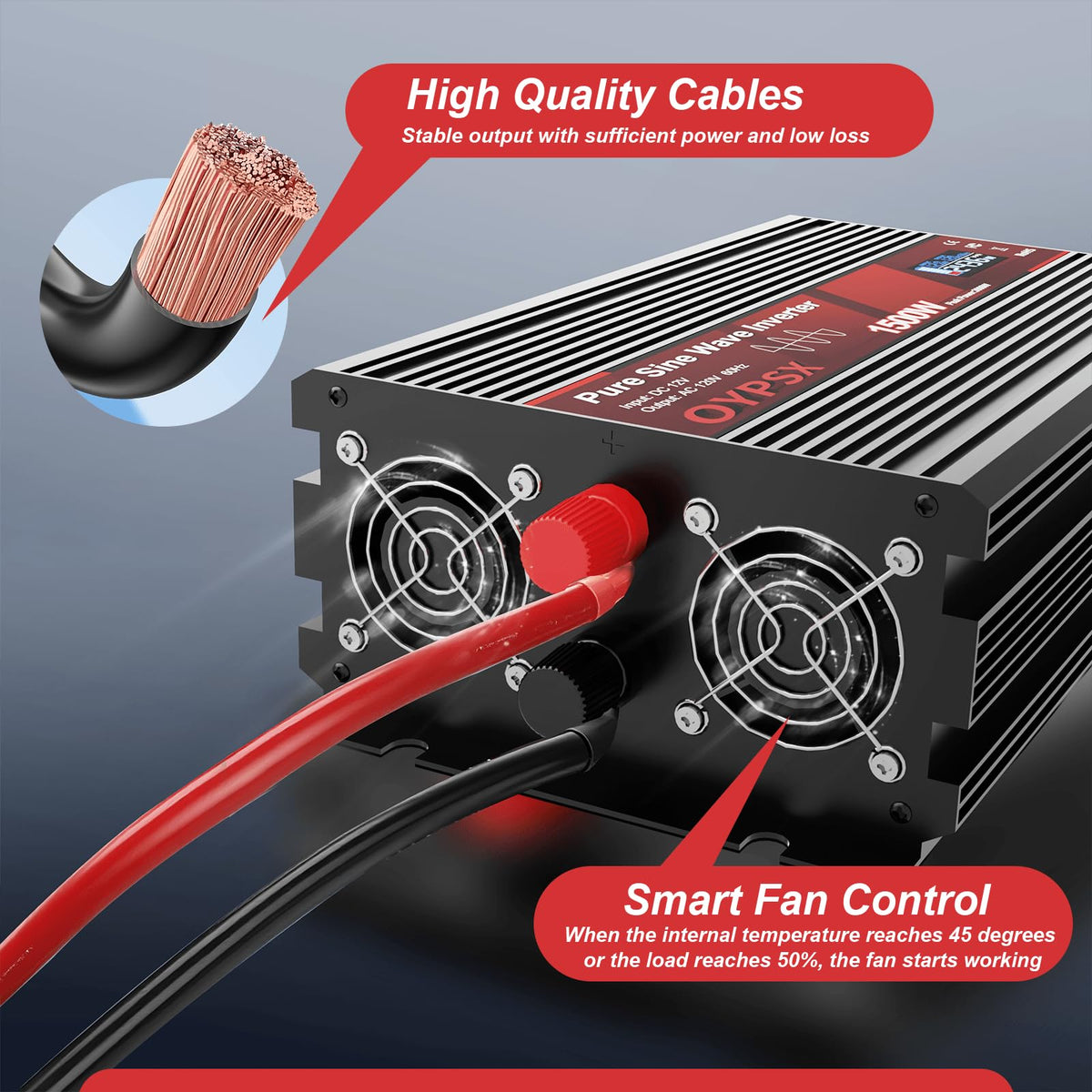 OYPSX 1500W Power Inverter 12V to 110V 120V AC Pure Sine Wave Inverter for RV Truck Camping,Outdoor Off-Grid Power Converter with LCD Display,Wired Controller,AC Outlets USB Ports (12V-1500Watt)