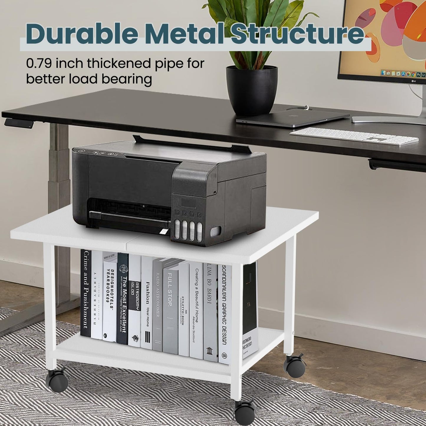 SwaaVee Printer Stand, 2-Tier Under Desk Printer Stand, Printer Cart with Wheels for Home, Office, Heavy-Duty Storage Shelf, White
