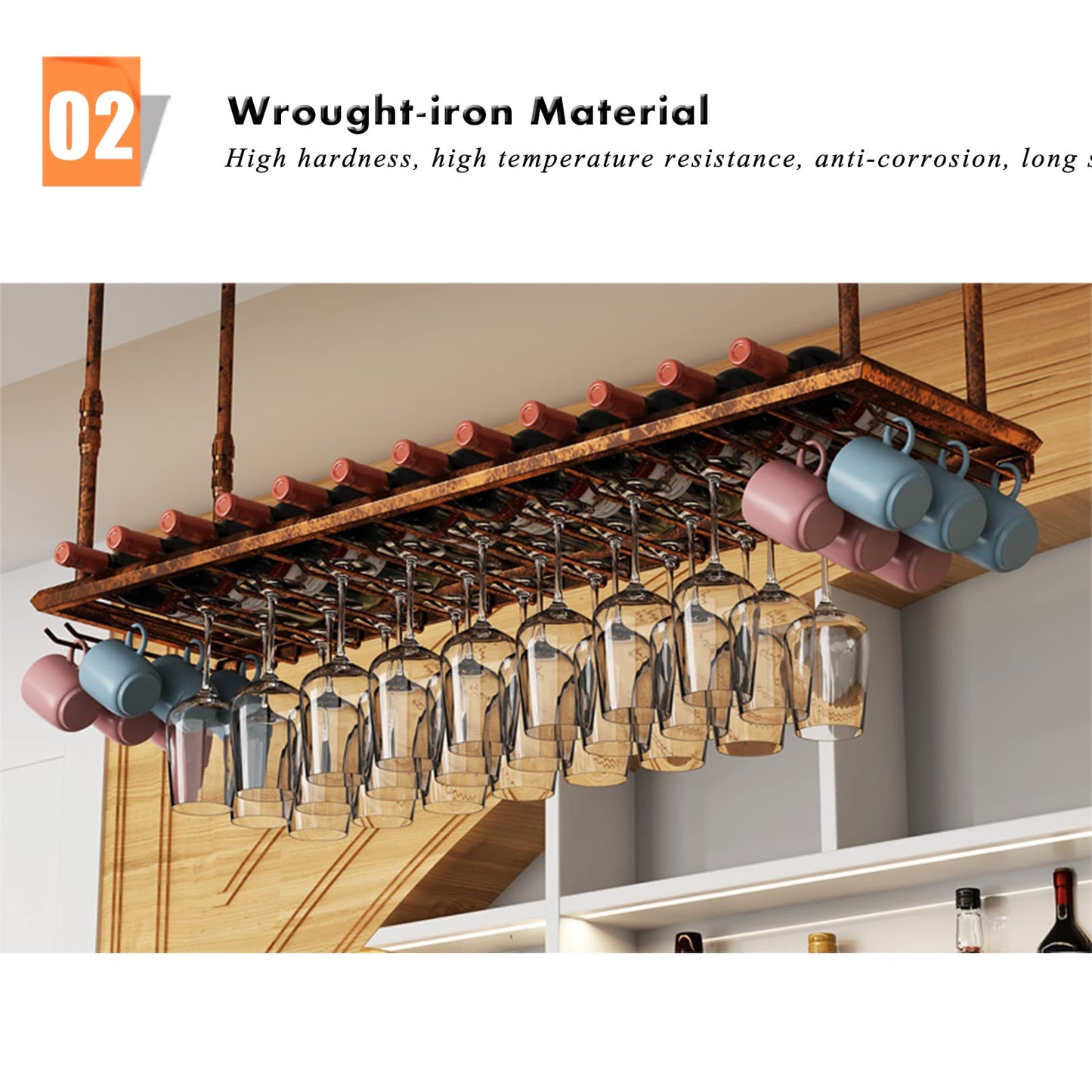 Wine Rack Wine Shelf Ceiling Adjustable Hanging Metal Wine Holder Floating Iron Bottle Holder Wine Shelf Storage Shelve for Bar Cafe Kitchen Party