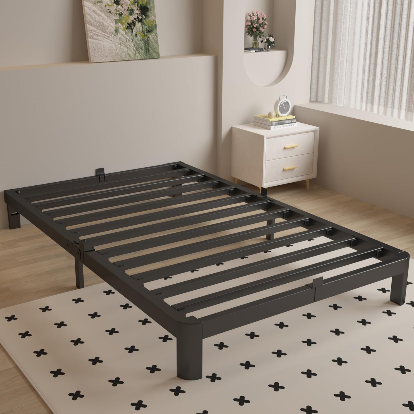 KOSOSO 4 Inch Twin Bed Frames with Metal Baffles, Black Bed Frame Twin Size No Box Spring Needed, Rounded Corner Legs, Heavy Duty Steel Platform Support, Reserved Holes, Noise Free, Easy Assembly