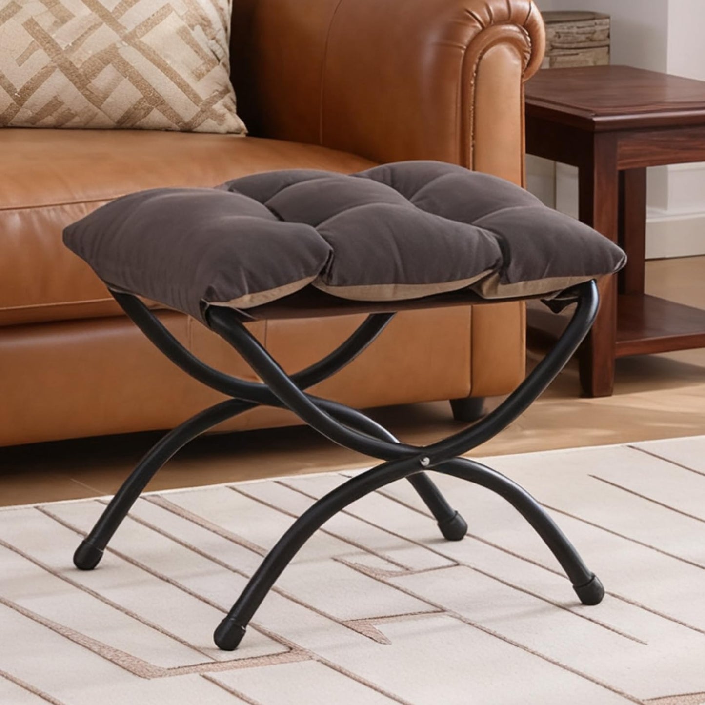 Welnow Folding Foot Stool, Upholstered Small Accent Ottoman with Detachable Thick Cotton Cushion Padded Sofa Stool and Metal Frame for Lazy Chair, Living Room, Bedroom, Dark Grey