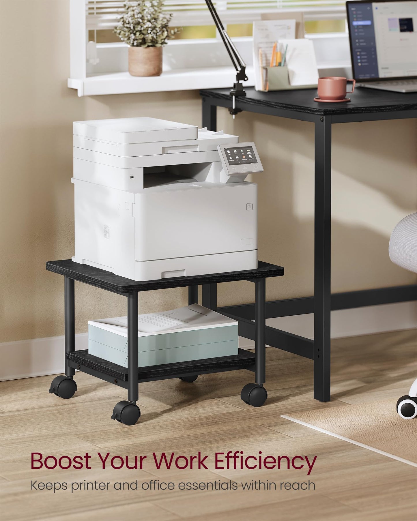 VASAGLE Printer Stand with Locking Wheels, Industrial Mobile Cart, Under Desk Printer Table for Home Office, 18.9 x 15.7 x 13.4 Inches, Storage Shelf, 2-Tier, Ebony Black