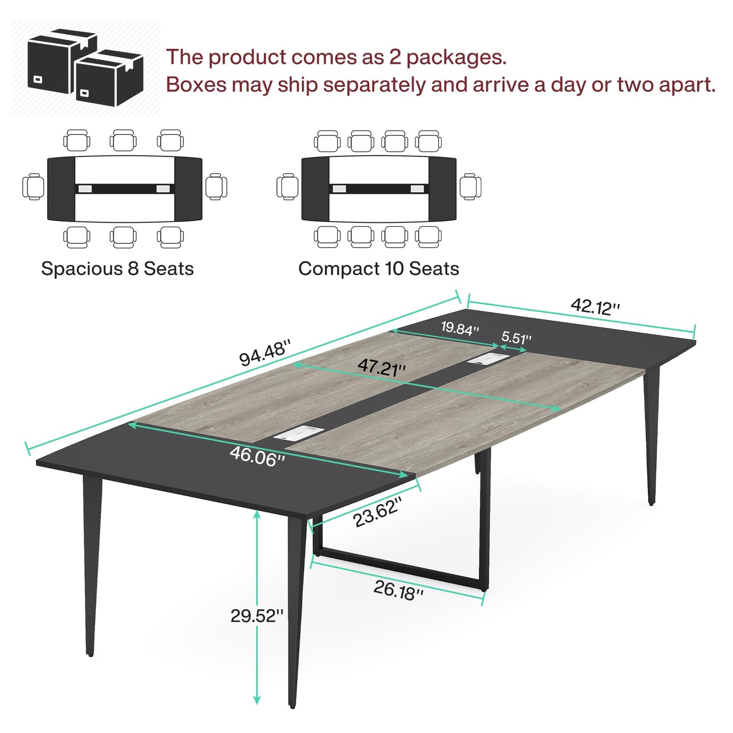 Tribesigns 8FT Conference Table, 94.48L x 47.21W x 29.52H Inches Boat Shaped Meeting Table with Rectangle Grommet, Modern Seminar Boardroom Table for Office Conference Room (Grey & Black, 8ft)
