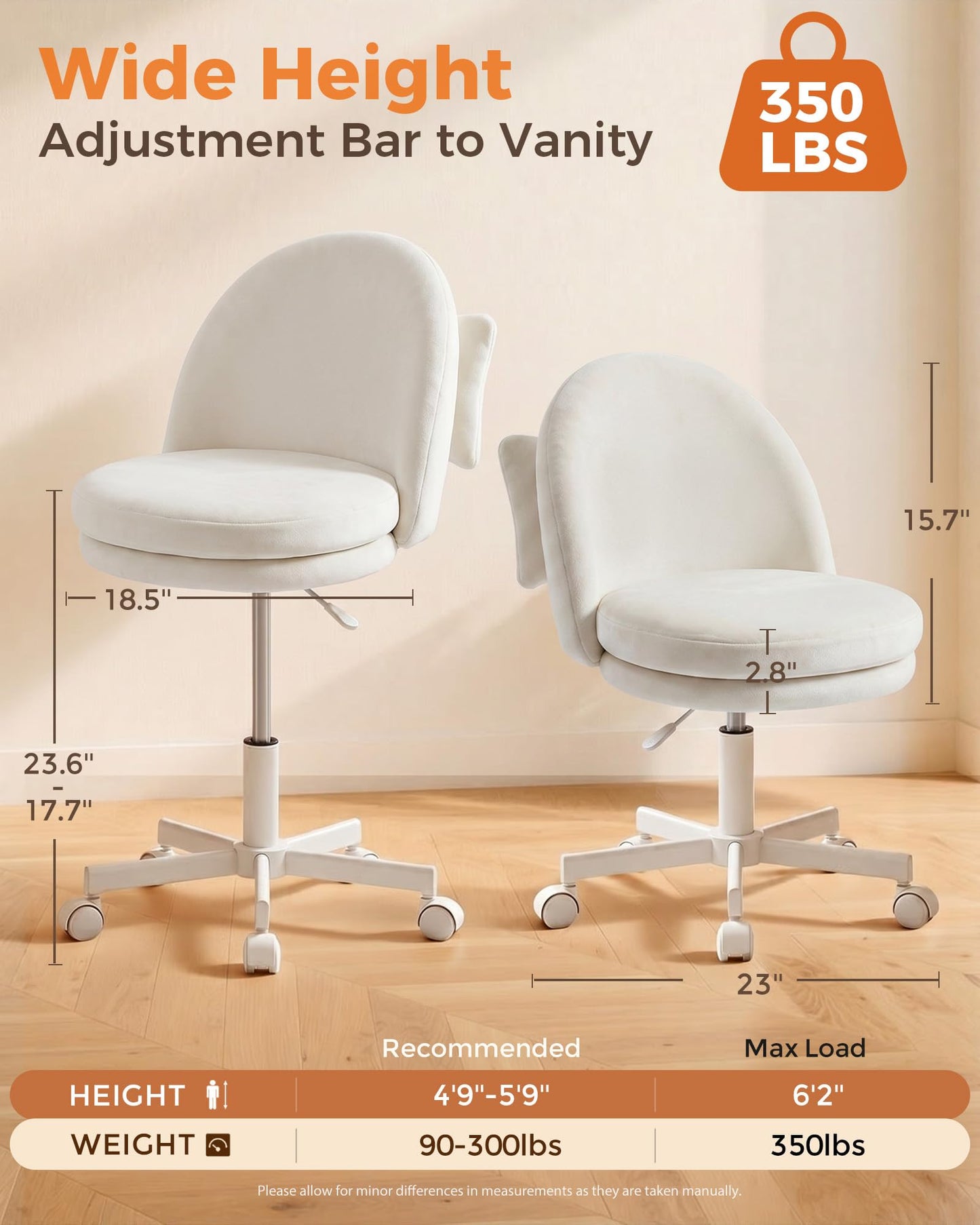GTPLAYER Velvet Tall Office Chair with Wheels Vanity Chairs with Back, Versatile Height Use: Office to Bar Stools Small Ergonomic Comfy Armlees Computer Desk Chair with Bow Lumbar Pillow for Gift