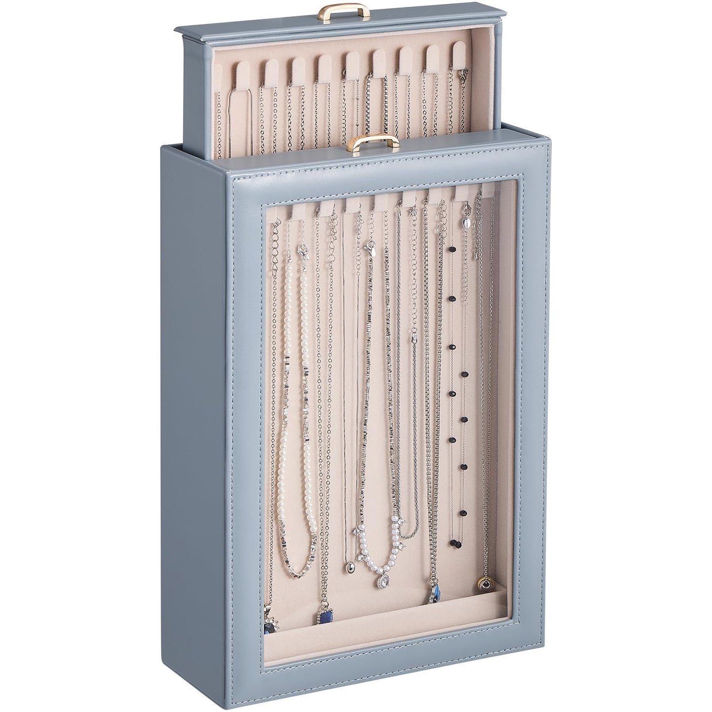 Lolalet Necklace Organizer Box, Jewelry Storage Box with Clear Window for Necklaces Bracelets, Tangle-Free Necklace Display Case for Women Girls, Dusty Blue, 2 Layers 20 Hooks