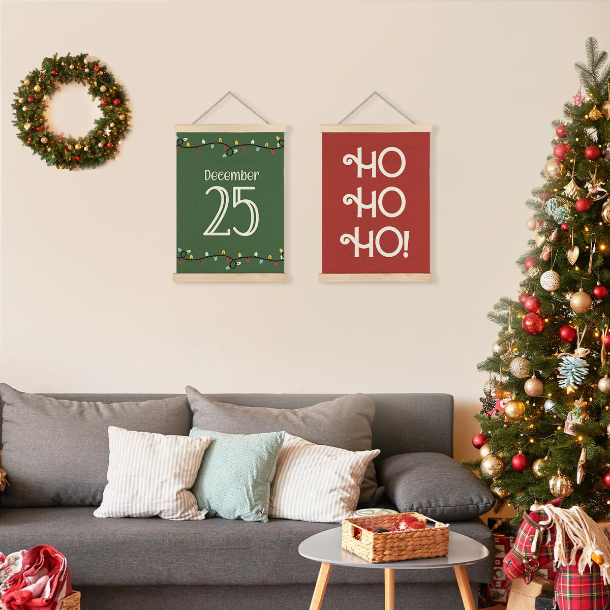 LUVADIAN Christmas Wall Decor, Hohoho Christmas Lights Wall Art With Wooden Poster Hanger, Christmas Wall Decoration, Red and Green Christmas Wall Decor for Home Office, 12x16 Inch Set of 2