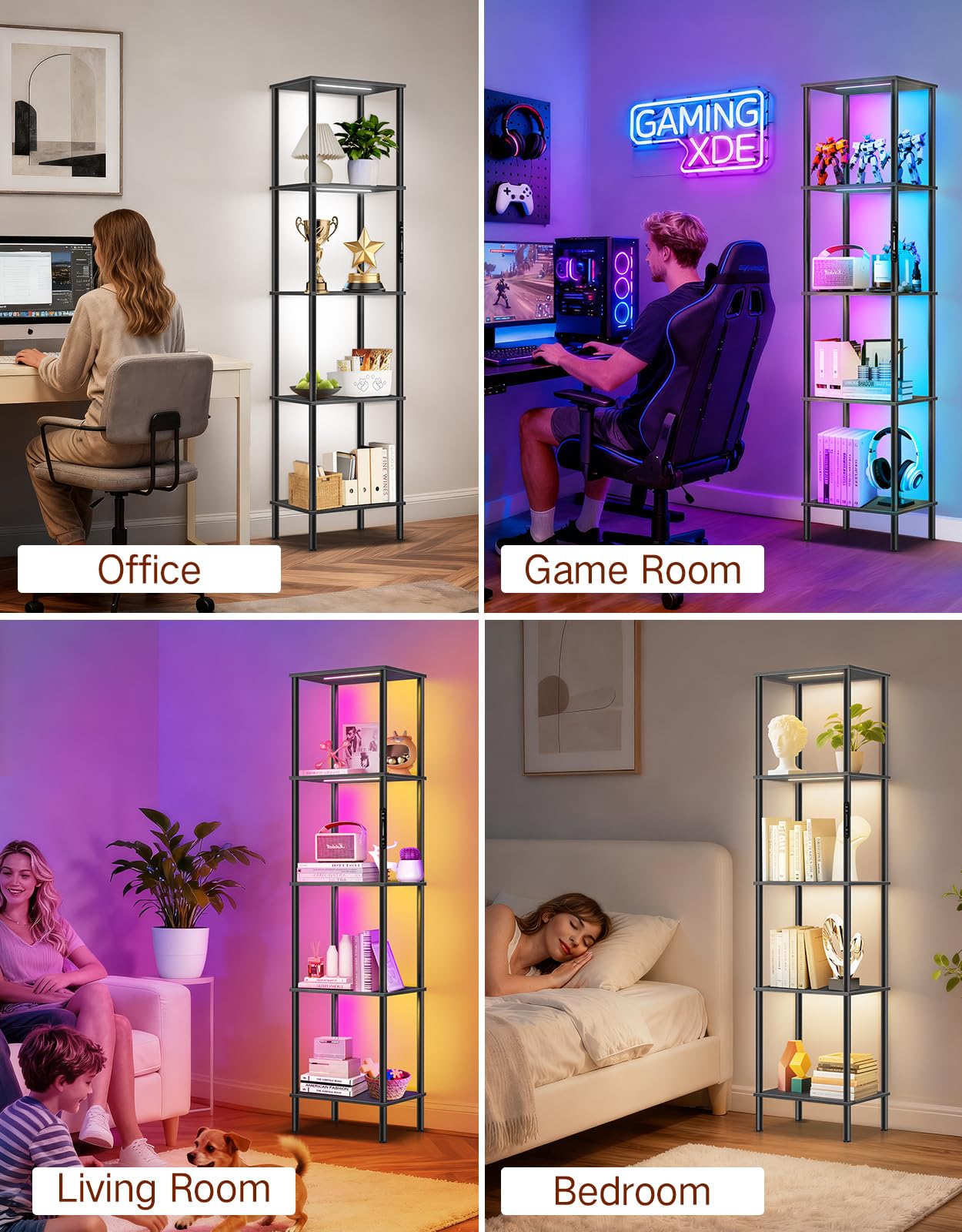 OUTONLIFE 5 Tier Display Shelves with RGB Lights, Display Cabinet with Touch & APP & Remote Control, Dimmable Bookshelf with Music Sync, Adjustable Color Lighting for Living Room, Bedroom(Black)