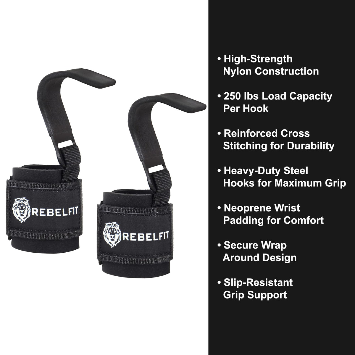 Heavy Duty Lifting Hooks (Pair) for Weightlifting – Wrist Support Straps with Metal Hooks, Padded Neoprene Gym Straps for Deadlifts, Pull Ups, Rows, Powerlifting – Non-Slip Grip Support for Men & Women