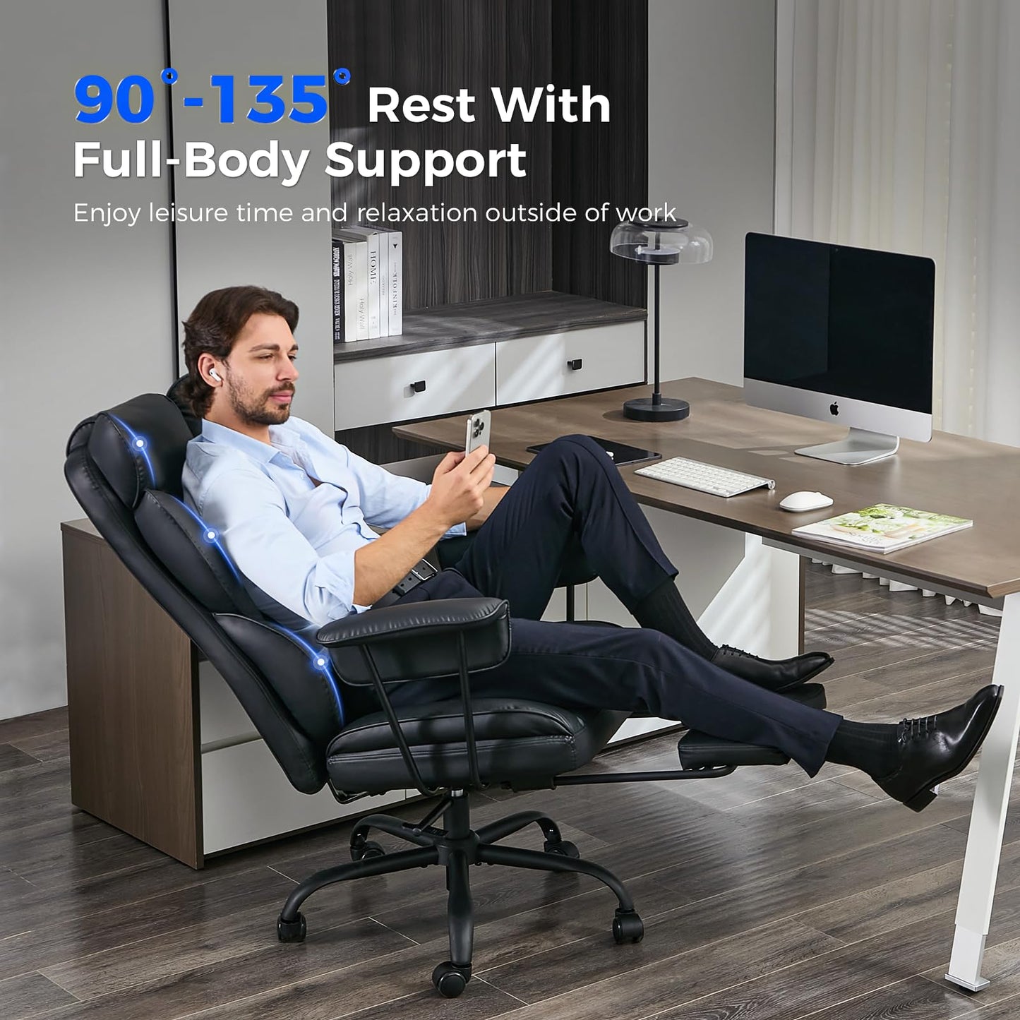 LukkDys Big and Tall Office Chair,High Back Leather Gaming Chair with Footrest,Lumbar Support,Outward Fixed Soft Armrests,Wide Ergonomic Desk Chair (Black)