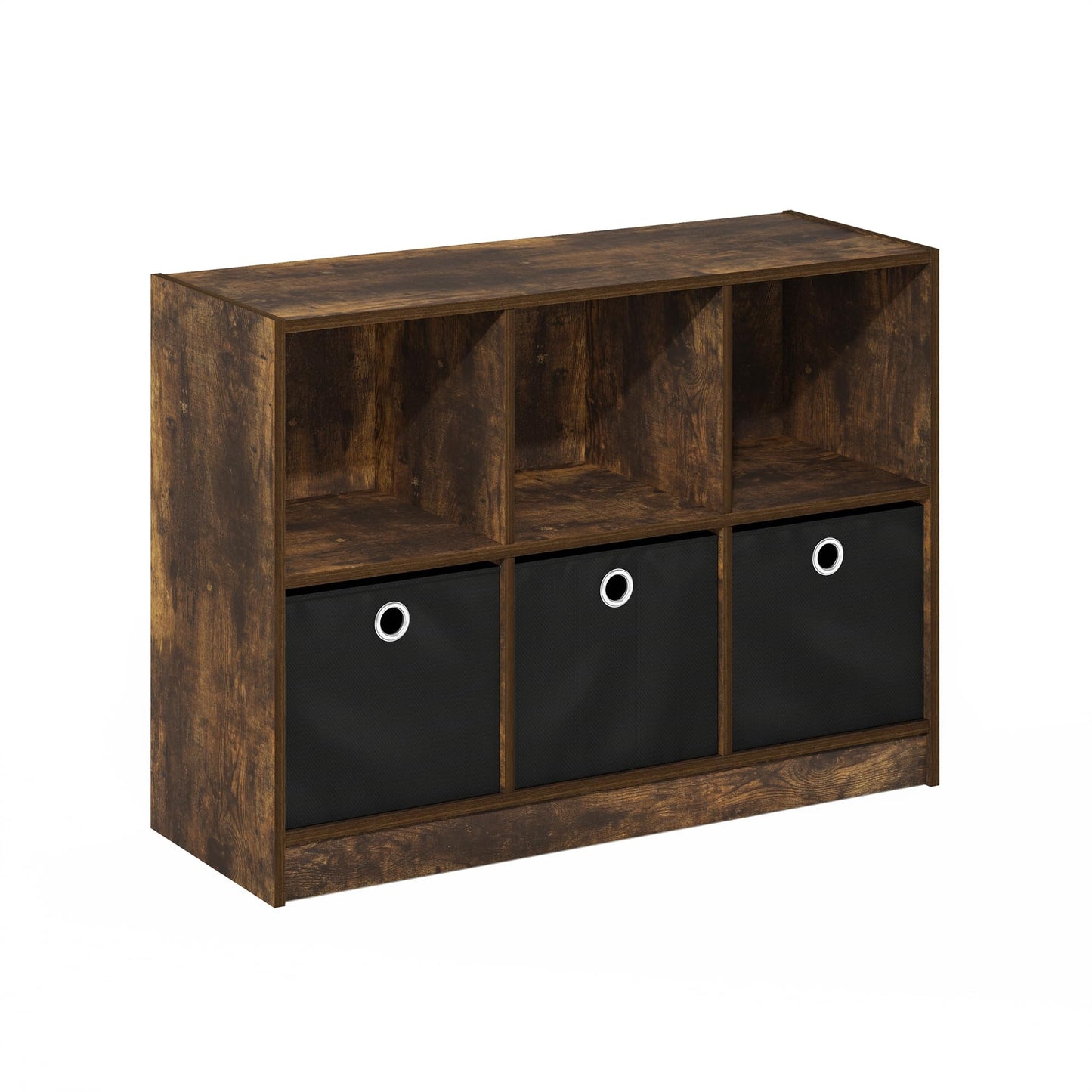Furinno Basic Book Shelf, 6-Cube Bookshelf with Open Shelf, 3 x 2 Bookcase with Storage Bins, Closed Back, Horizontal, 11.9 x 31.6 x 23.6, for Living Room, Bedroom, Home Office, Amber Pine