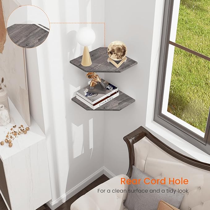 Homode Corner Shelf Wall Mount, Cable Box, Wood Hanging Storage Shelf Organizer