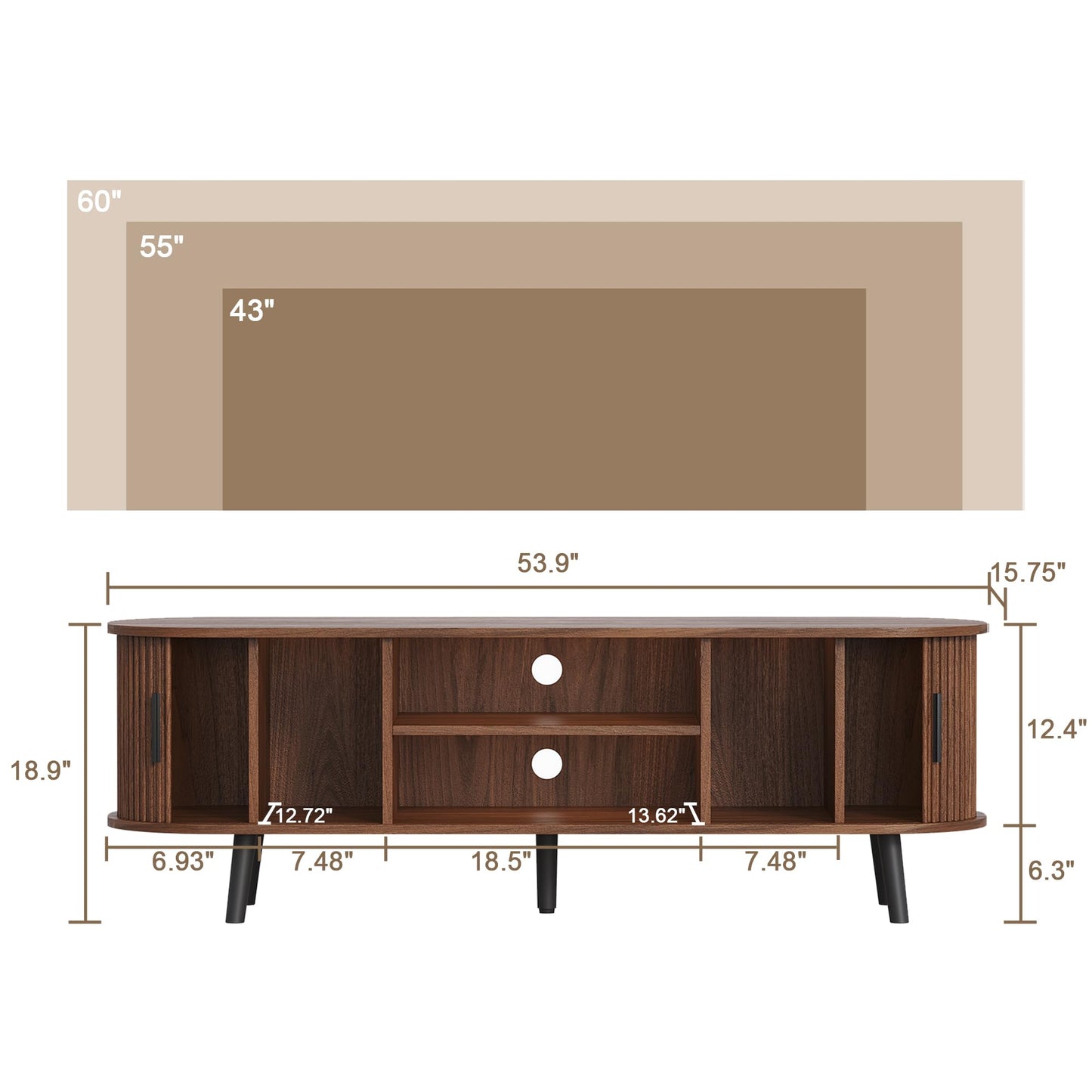 ChooChoo Mid Century Modern TV Stand for TVs up to 60 Inch, Entertainment Center with Fluted Sliding Doors and Hidden Storage, TV Console with Adjustable Shelf for Living Room, Bedroom, Walnut