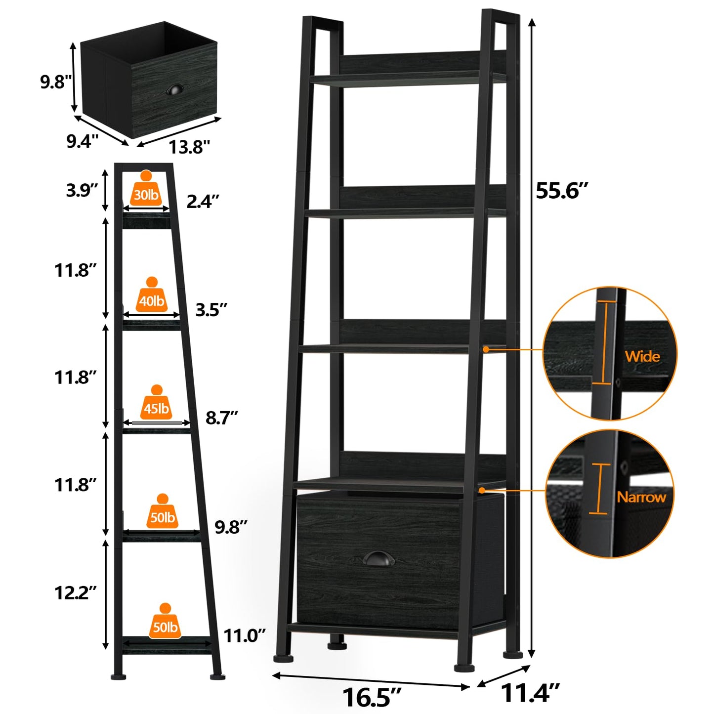 Furologee 5-Tier Ladder Shelf, Narrow Ladder Bookshelf with Drawer, 55.6”Tall Industrial Bookcase Storage Rack Organizer, Freestanding Storage Shelve for Living Room, Home Office, Bedroom, Black Oak