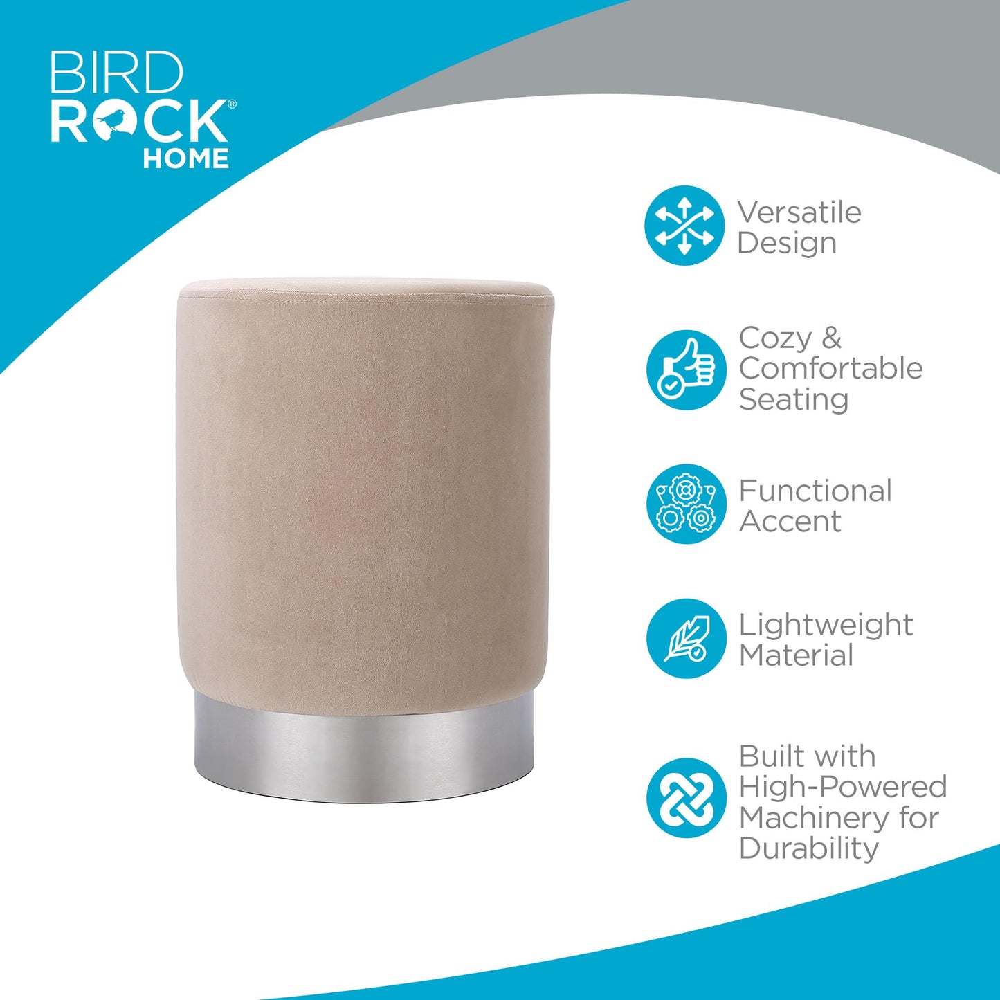 BIRDROCK HOME Round Ottoman Foot Stool – Modern Soft Padded Velvet Vanity Chair with Silver Metal Trim – Accent Chair or Foot Rest for Living Room, Bedroom, or Dressing Room (Taupe)
