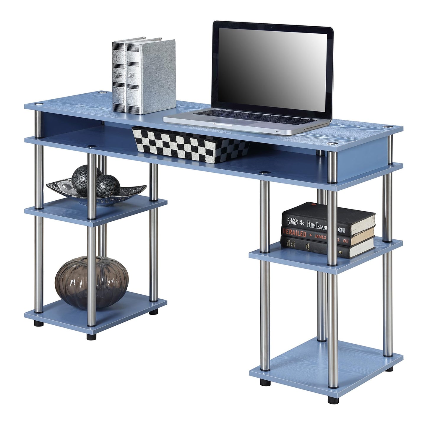 Convenience Concepts Designs2Go No Tools Desk Home Office Desk with Shelves, Corner Shelf Vanity Desk Computer Desk Nail Table for Nail Tech - 47.25" L x 15.75" W x 30" H, Blue