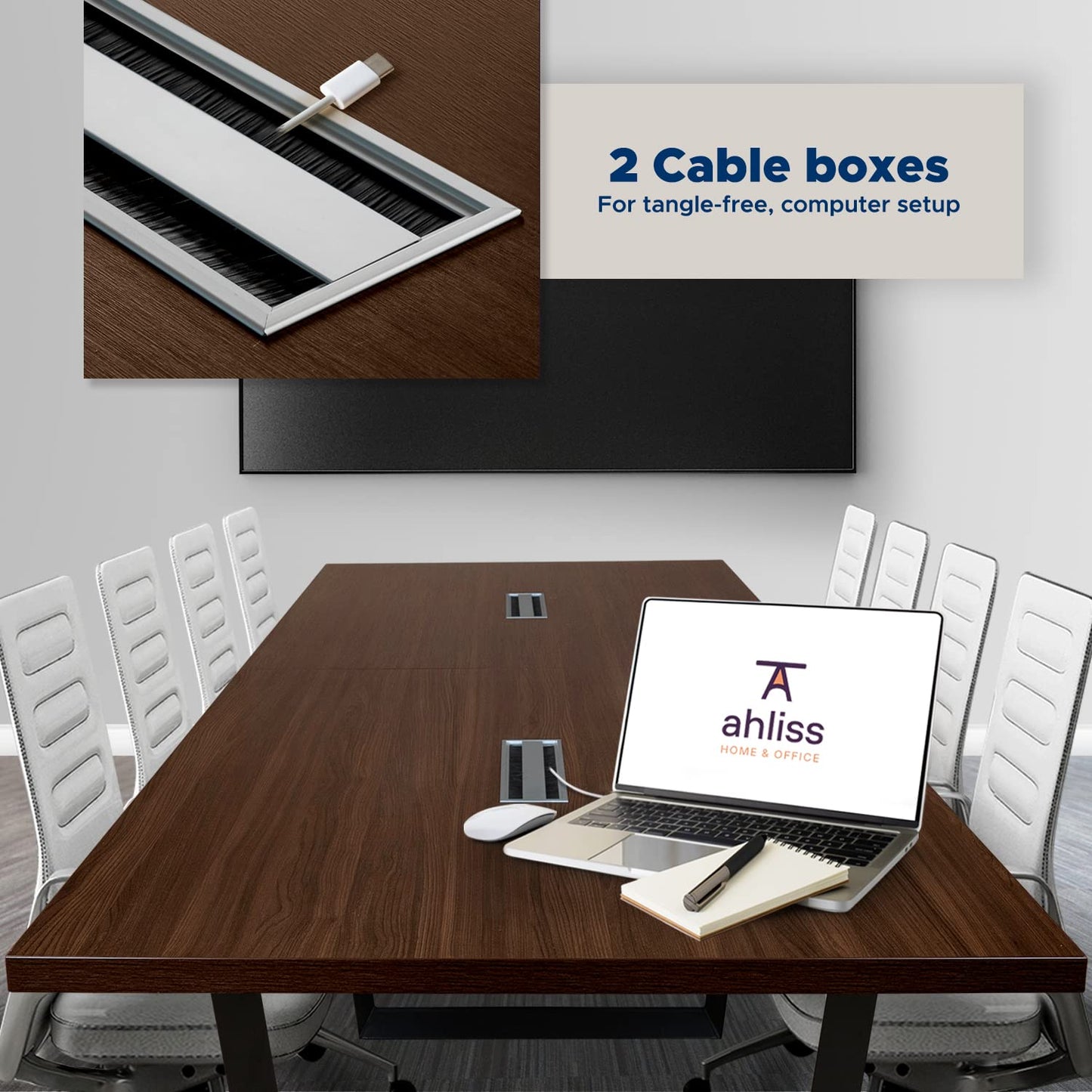 ahliss Sturdy Conference Table with Cable Management Grommets Modern Rectangle Office Meeting Table with Wood Tabletop and Metal Frame & Legs- Easy Assembly Boardroom Table (Dark Brown, 8 Foot)