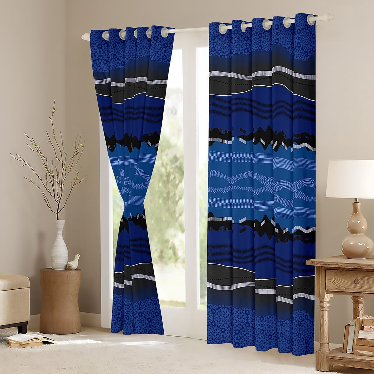 Feelyou Abstract Stripe Blackout Curtains Blue Abstract Stripe Darkening Drapes for Bedroom Living Room Decor Geometric Thermal Insulated Shades Window Treatments, 2 Panels 38 x 45 Inch