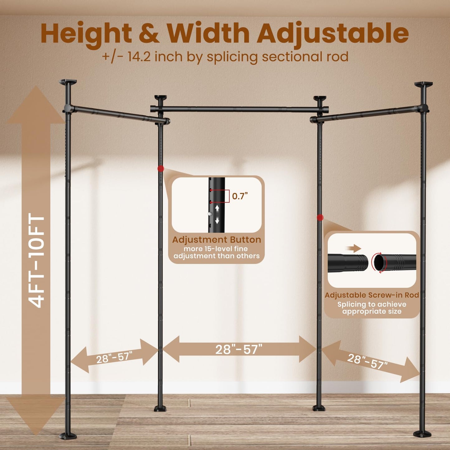 BONPALLY Room Divider Curtain Rod for Wide Space Room Separation, 28-171inch(W) 4-10ft(H) Adjustable No Drilling Tension Curtain Rods, Heavy Duty Temporary Privacy Wall Divider, Black
