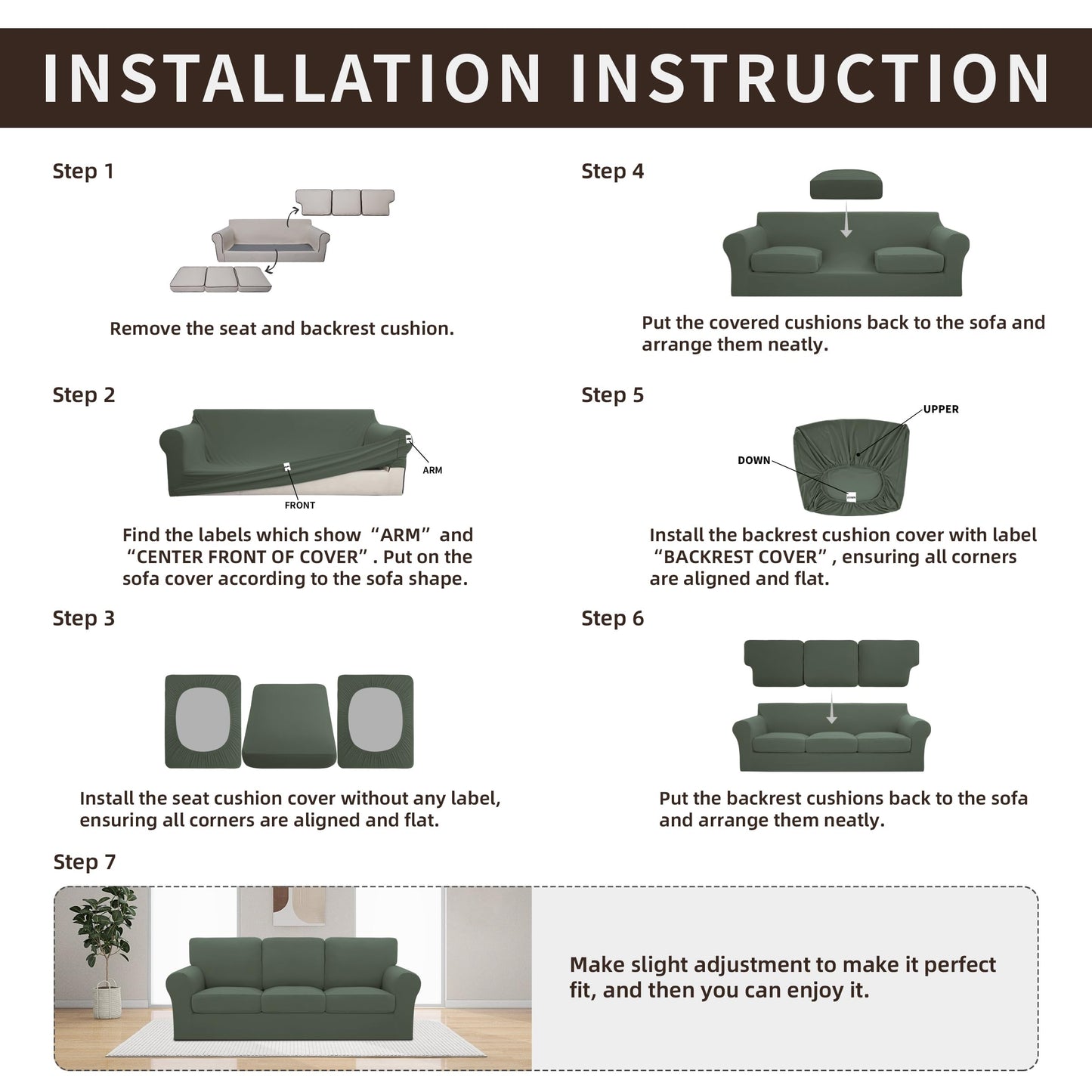 Easy-Going 7 Pieces Stretch Couch Cover Washable Sofa Cover Set for 3 Backrest and Seat Cushion Couch Anti-Slip Sofa Slipcover Furniture Protector with Elastic Bottom (Large, Grayish Green)