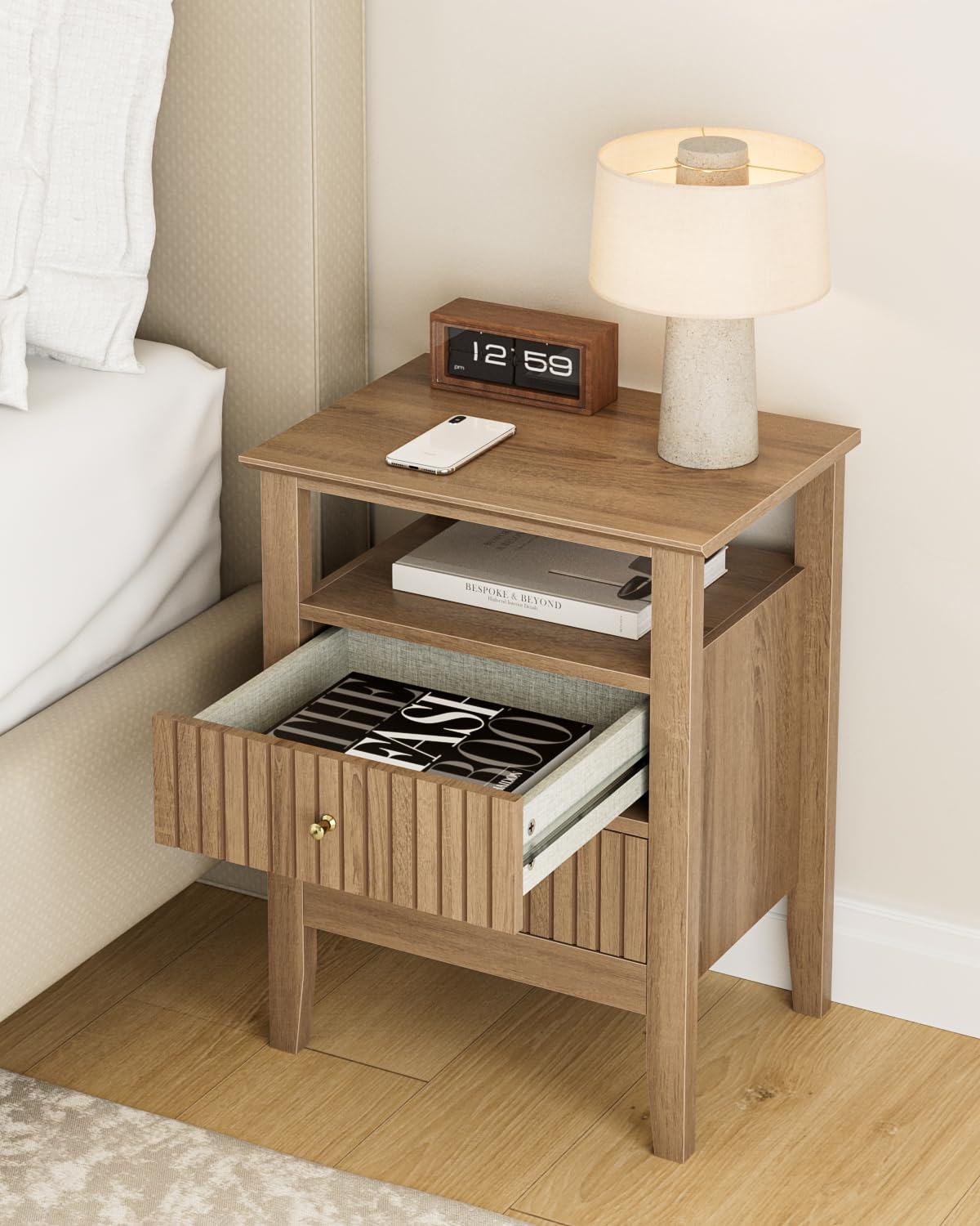 Apetaccat Fluted Nightstand, Farmhouse Night Stand with 2 Drawers, Mid Century Modern Side Accent Table,Bedside End Table for Bedroom, Living Room, Natural