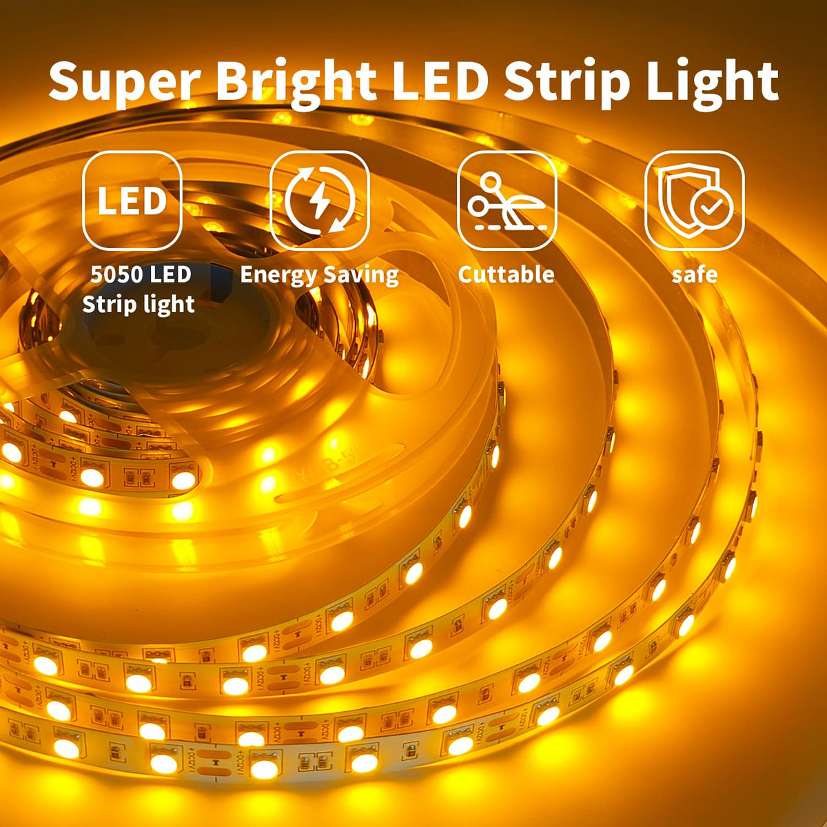 iNextStation 12V LED Strip Light Yellow, 16.4ft/5M SMD5050 LED Strip with Adapter & LED Switch, Flexible Cuttable LED Tape Light for Bedroom Kitchen Cabinet Bar Festival Home Indoor Decor