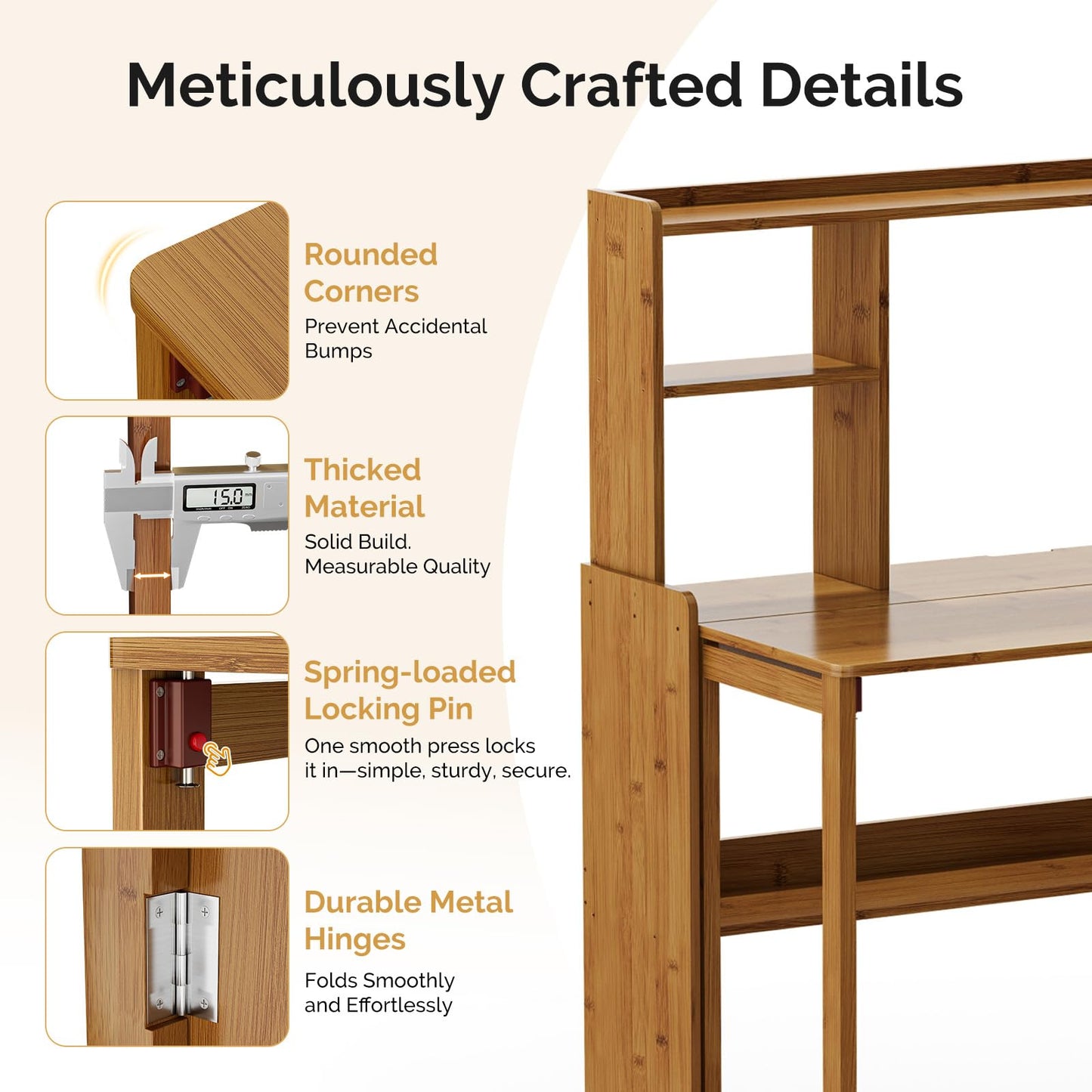 Usofhaus Bamboo Folding Desk with Bookshelf, Compact Computer Desk with Hutch for Small Spaces, Foldable Desk with Storage Shelf, Space-Saving Home Office Desk for Bedroom, Dorm, Apartment,Brown