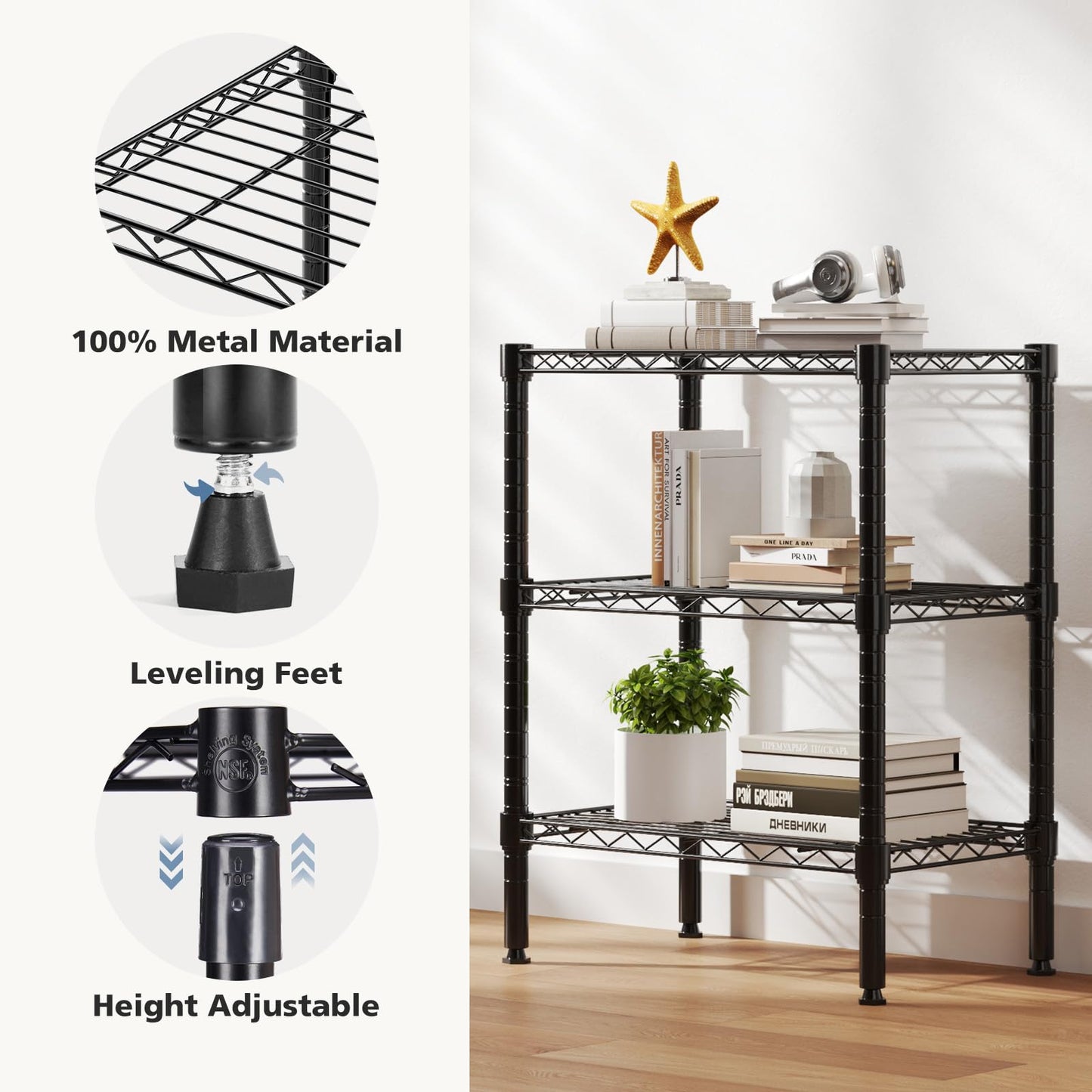 DUMOS 3-Tier Steel Wire Shelf Metal Storage Rack Adjustable Shelving Unit Heavy Duty Utility Display Stands Organizer for Home Kitchen Laundry Bathroom Pantry Garage, Black