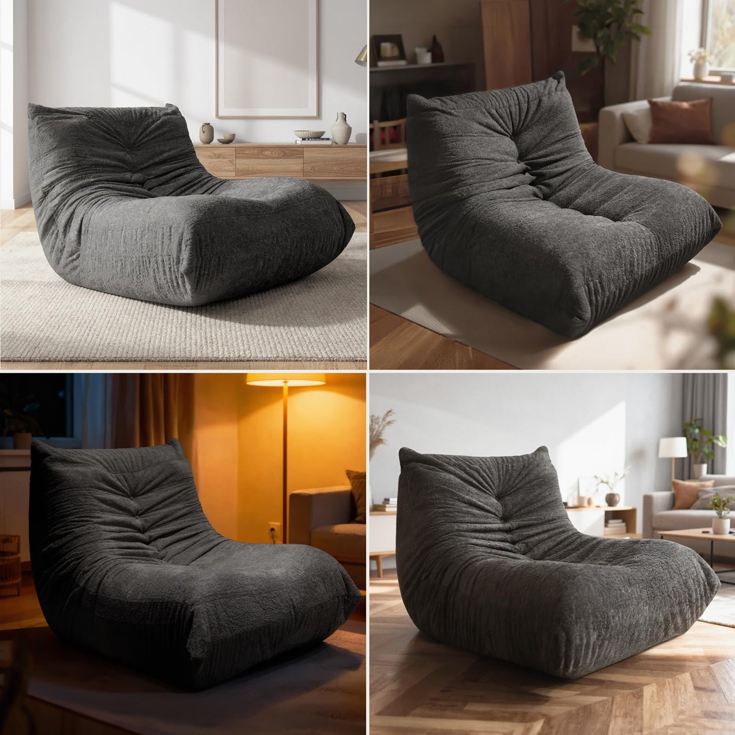 Sytopia Premium Chenille Bean Bag Chair for Adults, Oversized 35D Memory Foam Floor Sofa, Giant Deep Seat Gaming Reading Nook, No Assembly Required, Black Onyx