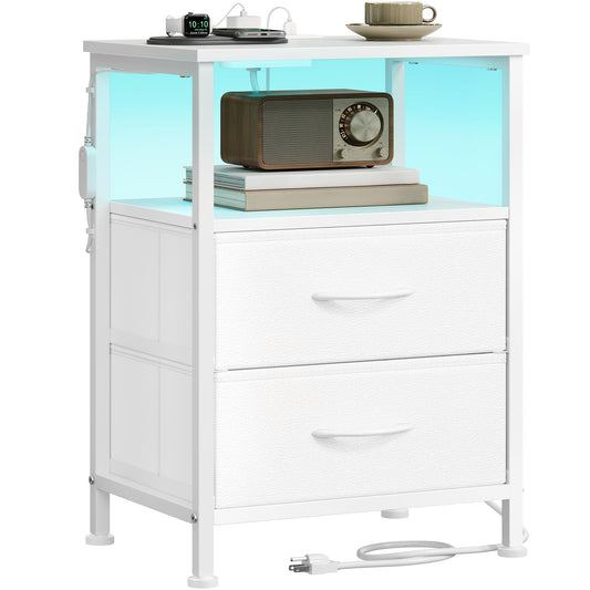 SONGMICS BELLAH Collection - Nightstand with Charging Station and App-Controlled Adjustable LED Lights, Bed Side Table, 2 Drawer and 1 Open Shelf, Bedroom, Cloud White and Snow White ULGS302WH01S