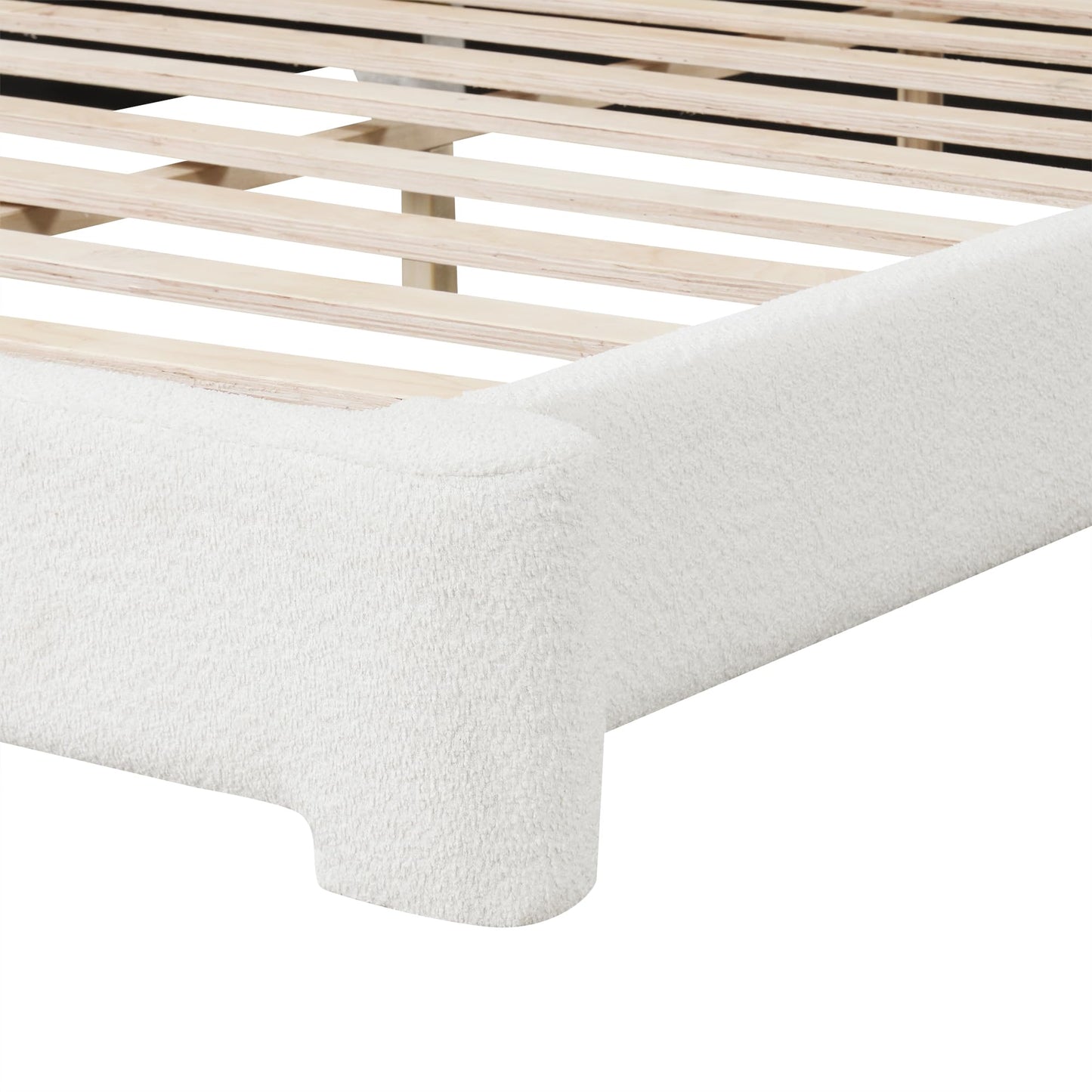 KOYVRY Boucle Bed Frame - Upholstered Platform Bed with Curved Headboard and Rounded Corners, Minimalist Bed Frame with 10 Wooden Slats and 3 Central Support Legs, No Box Spring Needed, White (Queen)