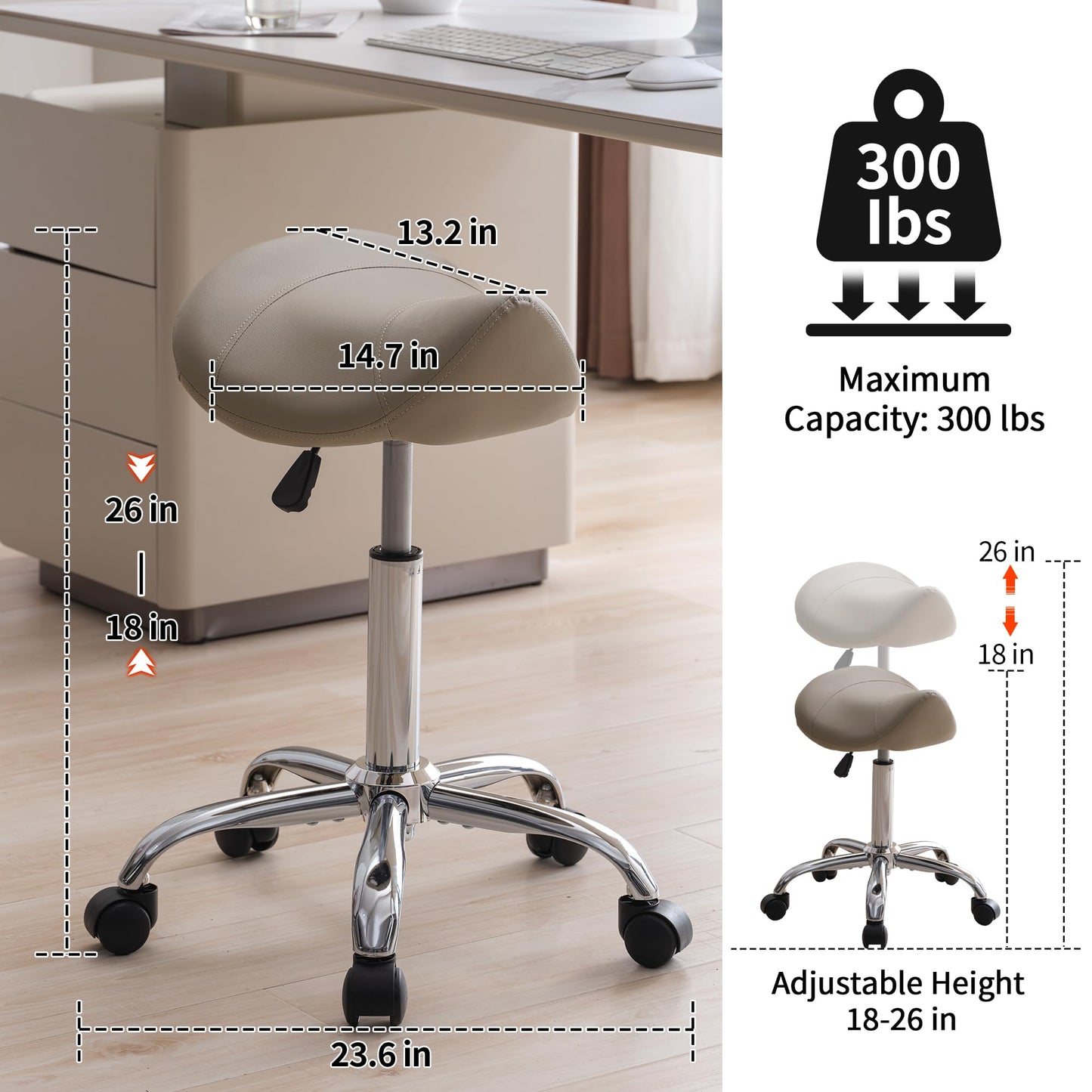 FIRAVOE Saddle Stool, Swivel Saddle Stool with Wheels, Adjustable Rolling Stool 18"-26", Faux Leather Rolling Stool for Salon, Massage, Clinic, Lab, Office (Light Grey, 1PCS (18"-26"))