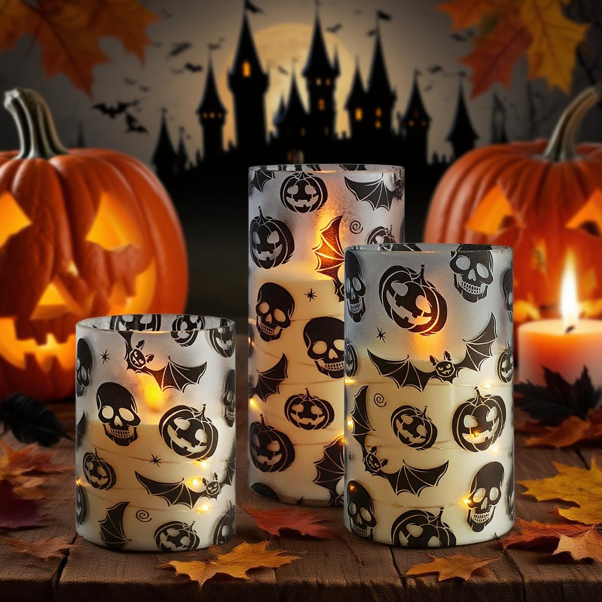 Flickering Flameless Candles Halloween Bat Embedded Star String Lights, Battery Operated Acrylic LED Pillar Candles with 11-Key Remote and Timer for Home Decoration, 3 Pack