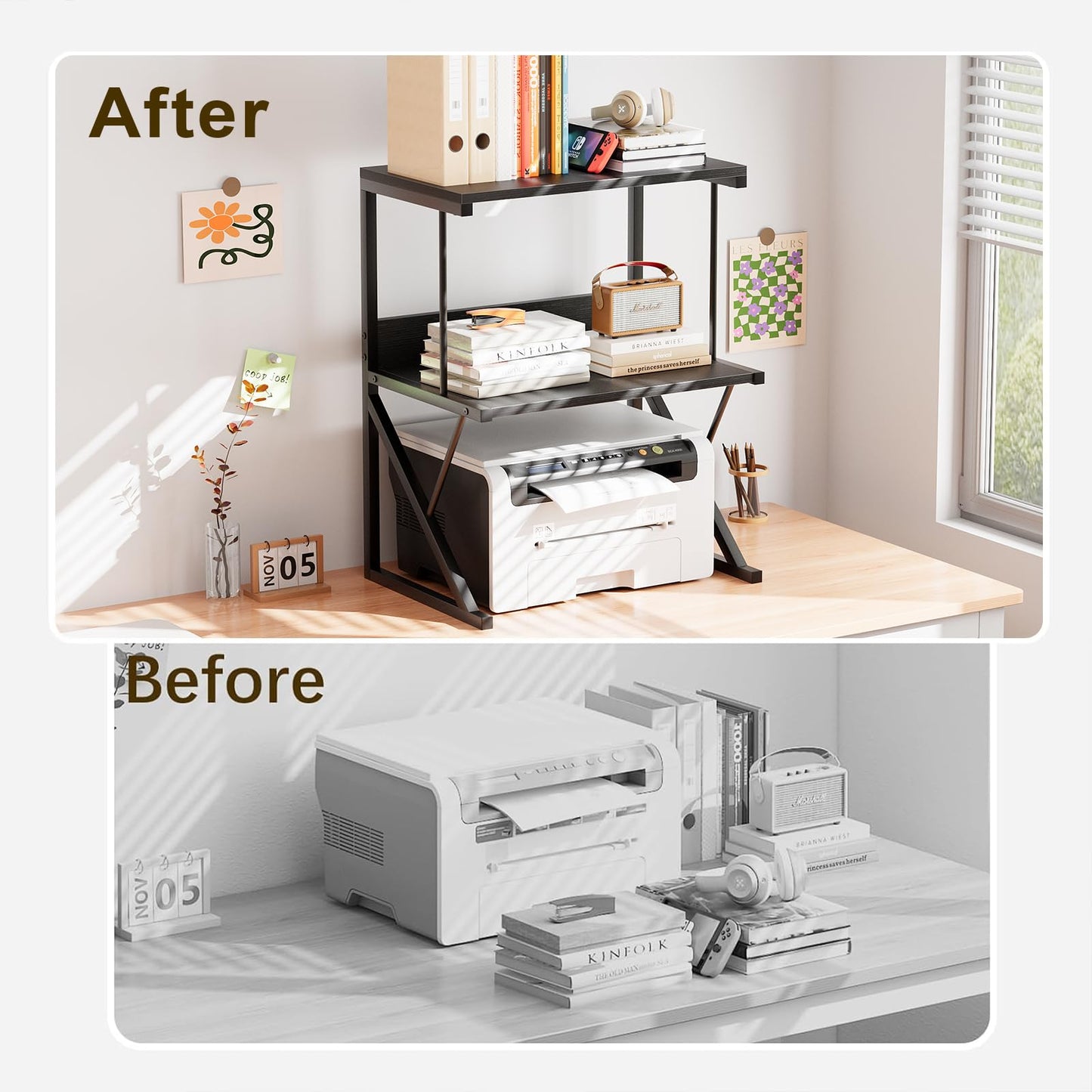 aboxoo Printer Stand for Desk, Desktop Printer Shelf Large 3-Tier Multi-Purpose Office Organization Shelves for Home Office, Black