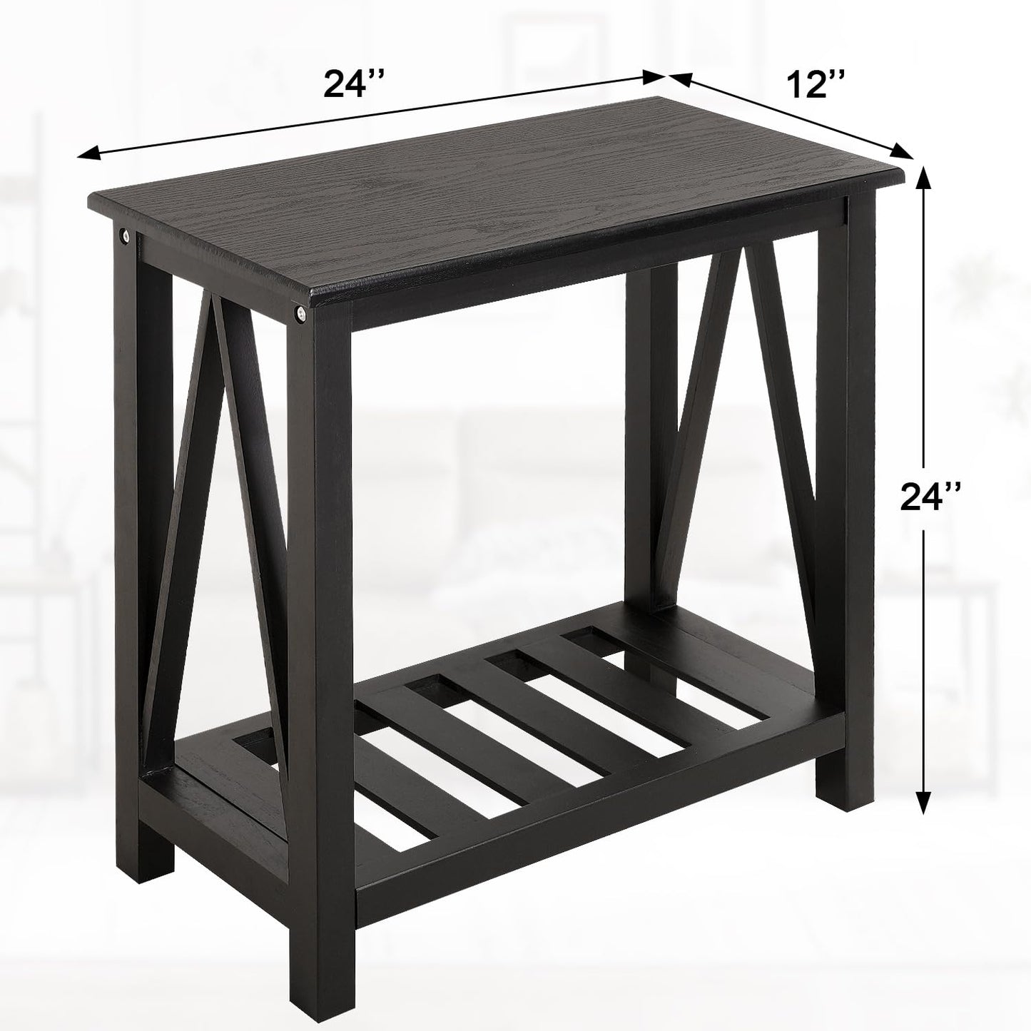 Narrow Side Table with Storage Shelf 2 Tier Wooden Nightstand Bedside Tables for Small Spaces Black Modern Accent Sofa Side Tables for Couch Living Room Bedroom Entryway