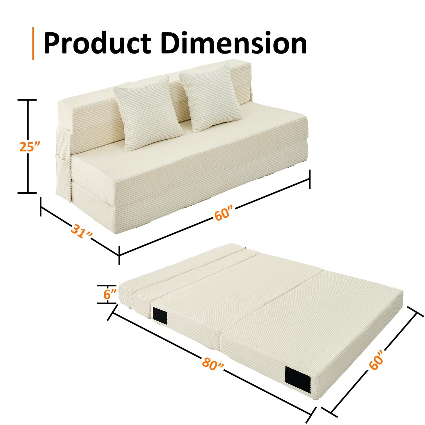 JKMAX Queen Size Folding Sofa Bed - 4 in 1 Convertible Sleeper Chair with Two Pillows - High Density Memory Foam Futon Couch - Foldable Bed for Living Room Bedroom (Beige)