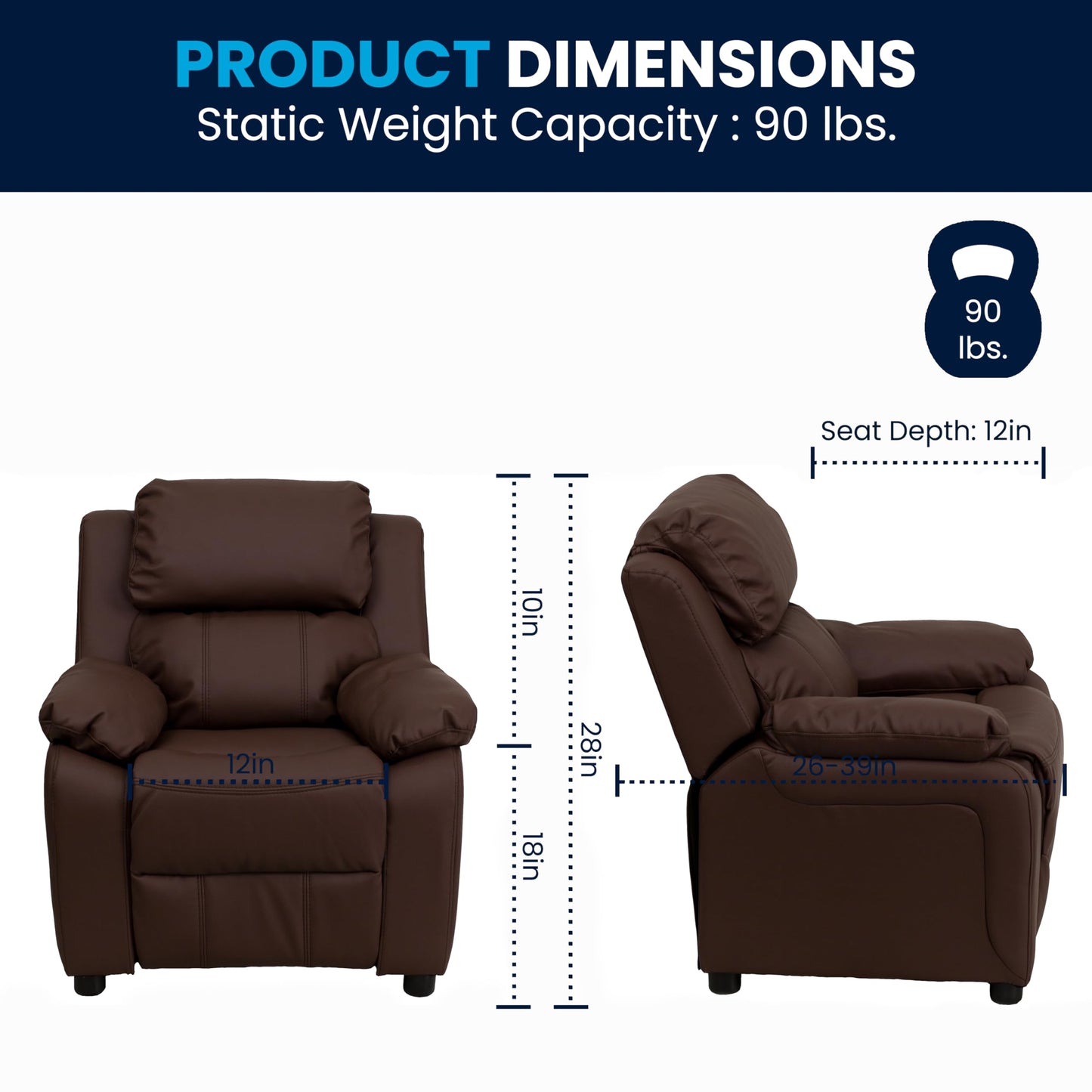 Flash Furniture Charlie LeatherSoft Kids Recliner with Flip-Up Storage Arms and Safety Recline, Contemporary Reclining Chair for Kids, Supports up to 90 lbs., Brown