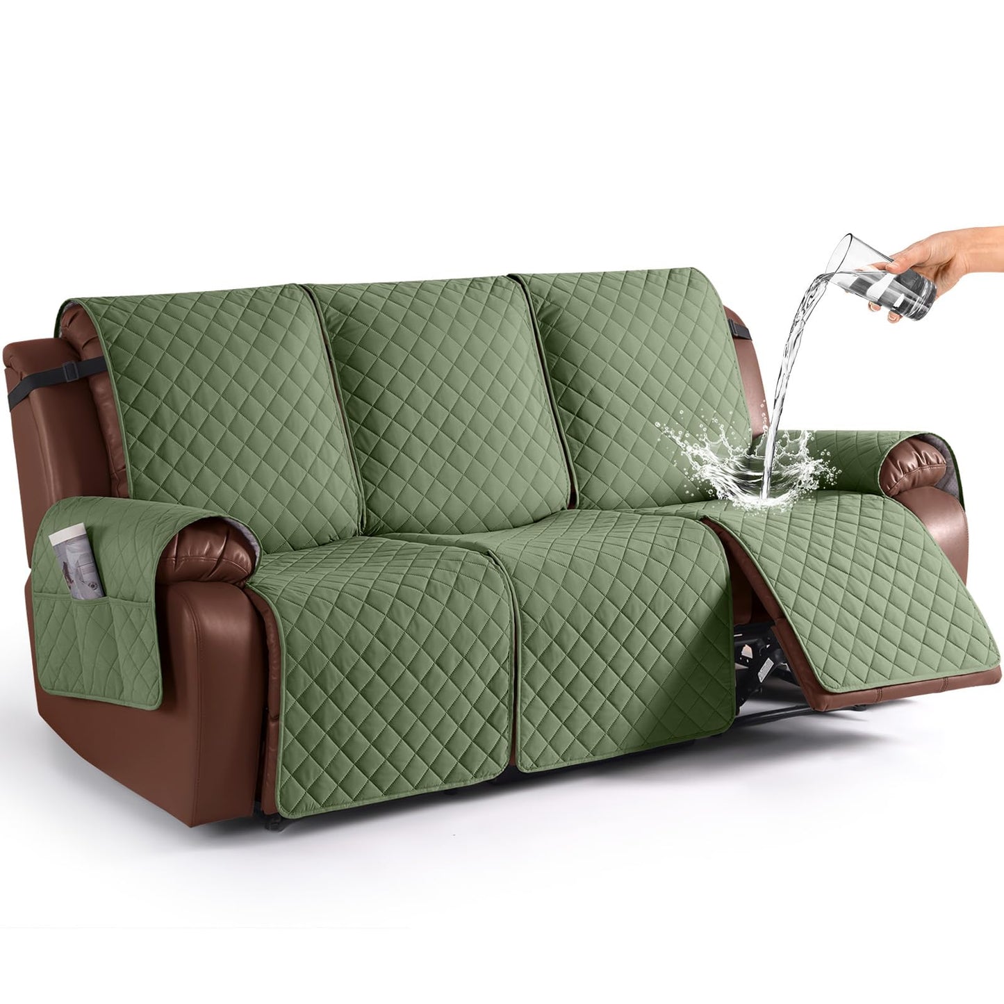 KinCam Waterproof Recliner Sofa Cover, Non-Slip Reclining Couch Covers for 3 Seat, Recliner Couch Cover Furniture Protector with Elastic Straps for Pets, Kids, Cactus Green