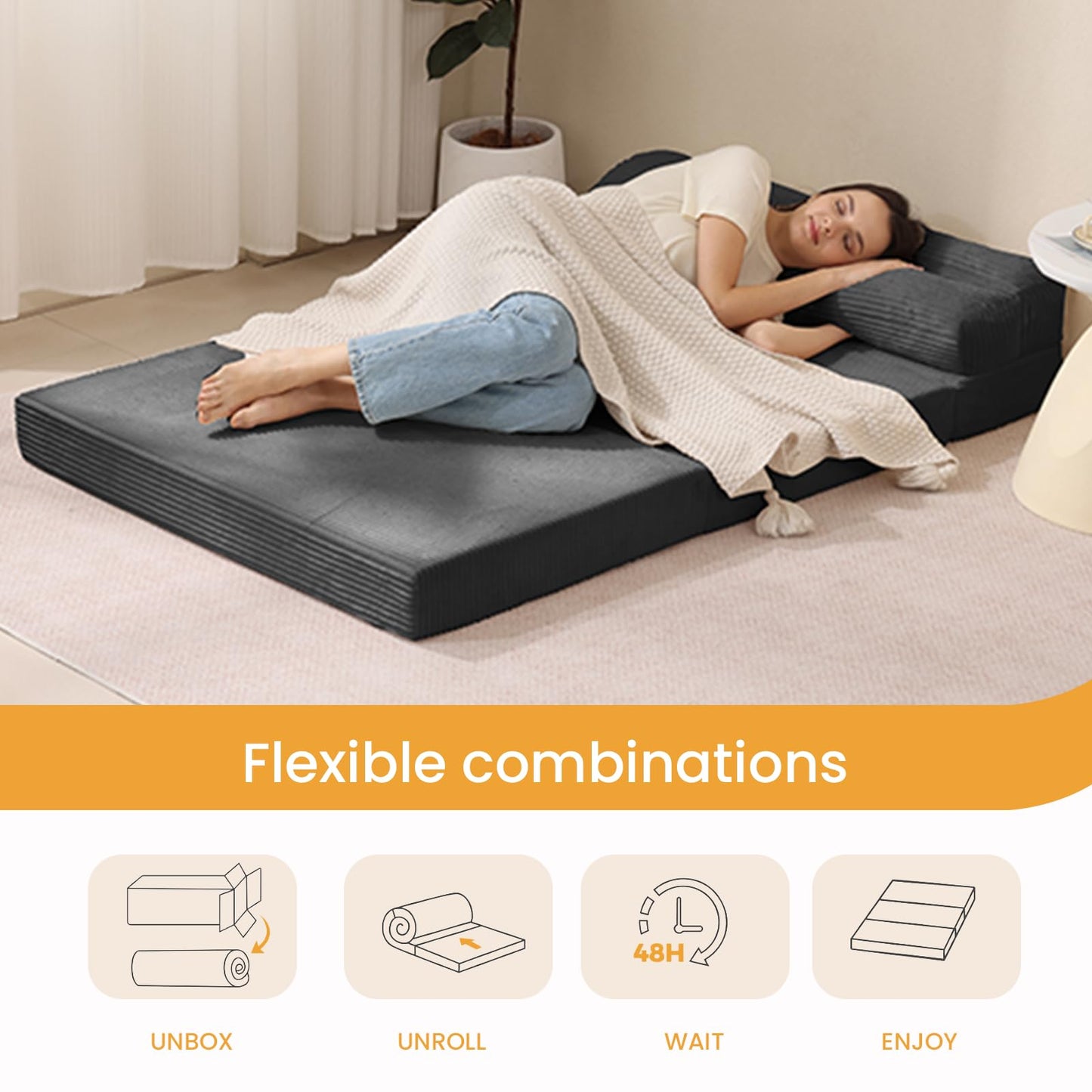 feliz home Foldable Mattress Full, 54" Folding Sofa Bed, 3-in-1 Convertible Sofa Bed Floor Couch for Living Room, Guest Room – No Assembly Required