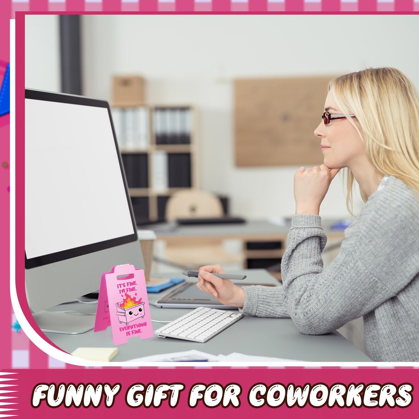 Yuntau Dumpster Fire Desk Accessories Its Fine Everythings Fine Funny Desk Sign Office Decor Funny Gift for Coworker Friends Teammate Employee Boss Teacher(Pink)