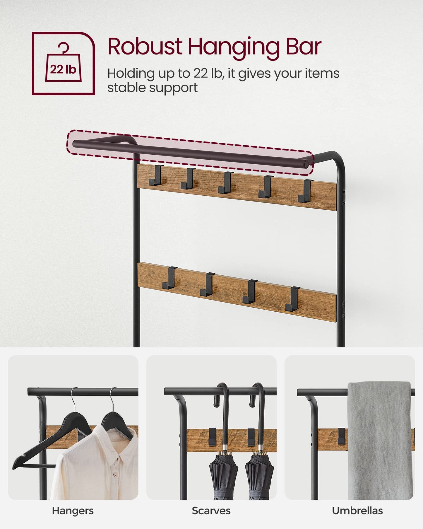 VASAGLE Coat Rack, Hall Tree with Shoe Bench for Entryway, Entryway Bench with Coat Rack, 4-in-1, with 9 Removable Hooks, a Hanging Rod, 13.3 x 28.3 x 72.1 Inches, Rustic Walnut and Black UHSR040B41