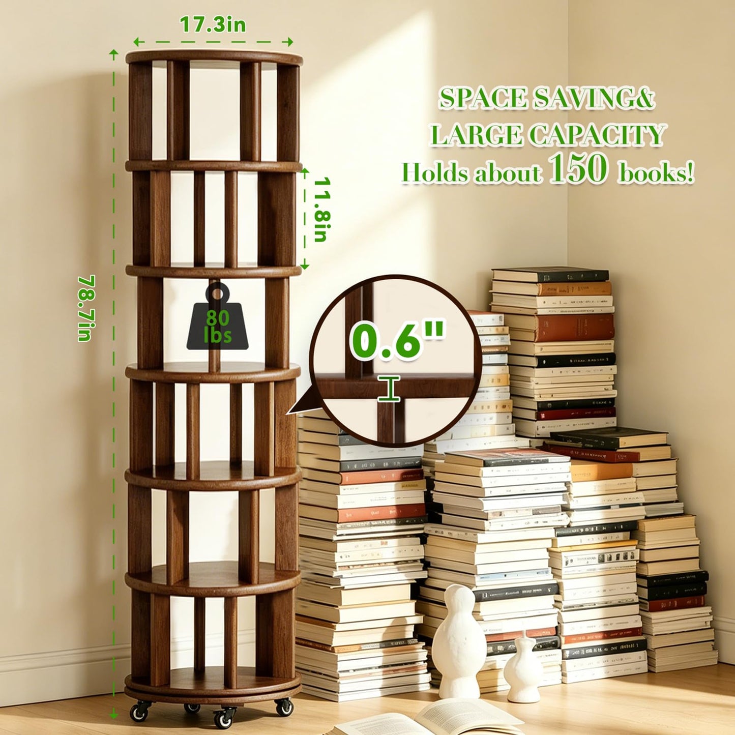 Azlafu 6 Tier Rotating Solid Wood Bookshelf, Corner Small Bookshelf Lazy Susan Organizer,Circular Rotating Spinning Bookshelf on Wheels, Revolving 360° Bookshelf for Small Spaces for Bedroom