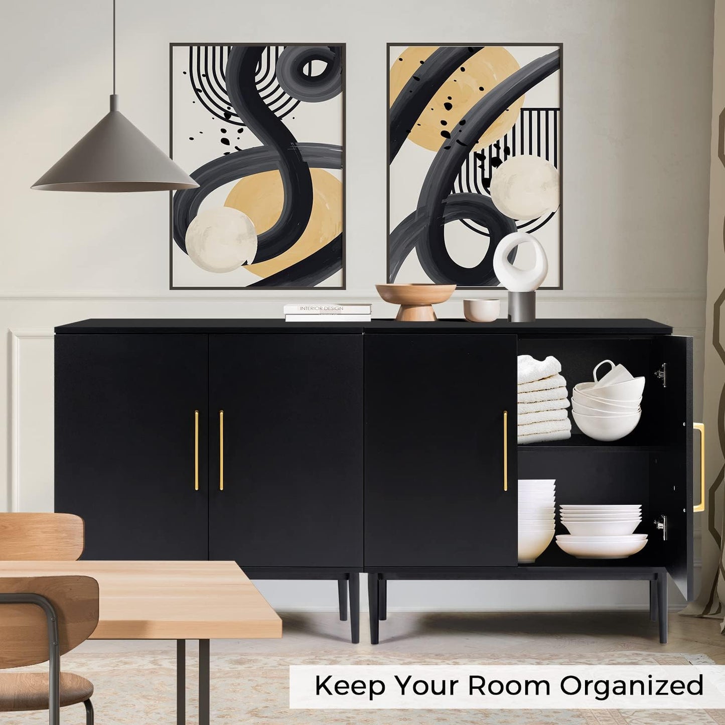 REHOOPEX Set of 2 Storage Cabinet with Doors, Modern Black Accent Cabinet, Free Standing Cabinet, Wooden Buffet Sideboards for Living Room, Kitchen, Home Office