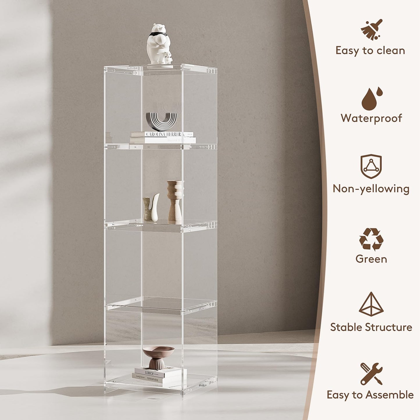 bitaycan Acrylic Display Cabinet, 4-Tier Display Case in Bedroom, Living Room, Playroom, Modern Style (16" D x 16" W x 62" H)